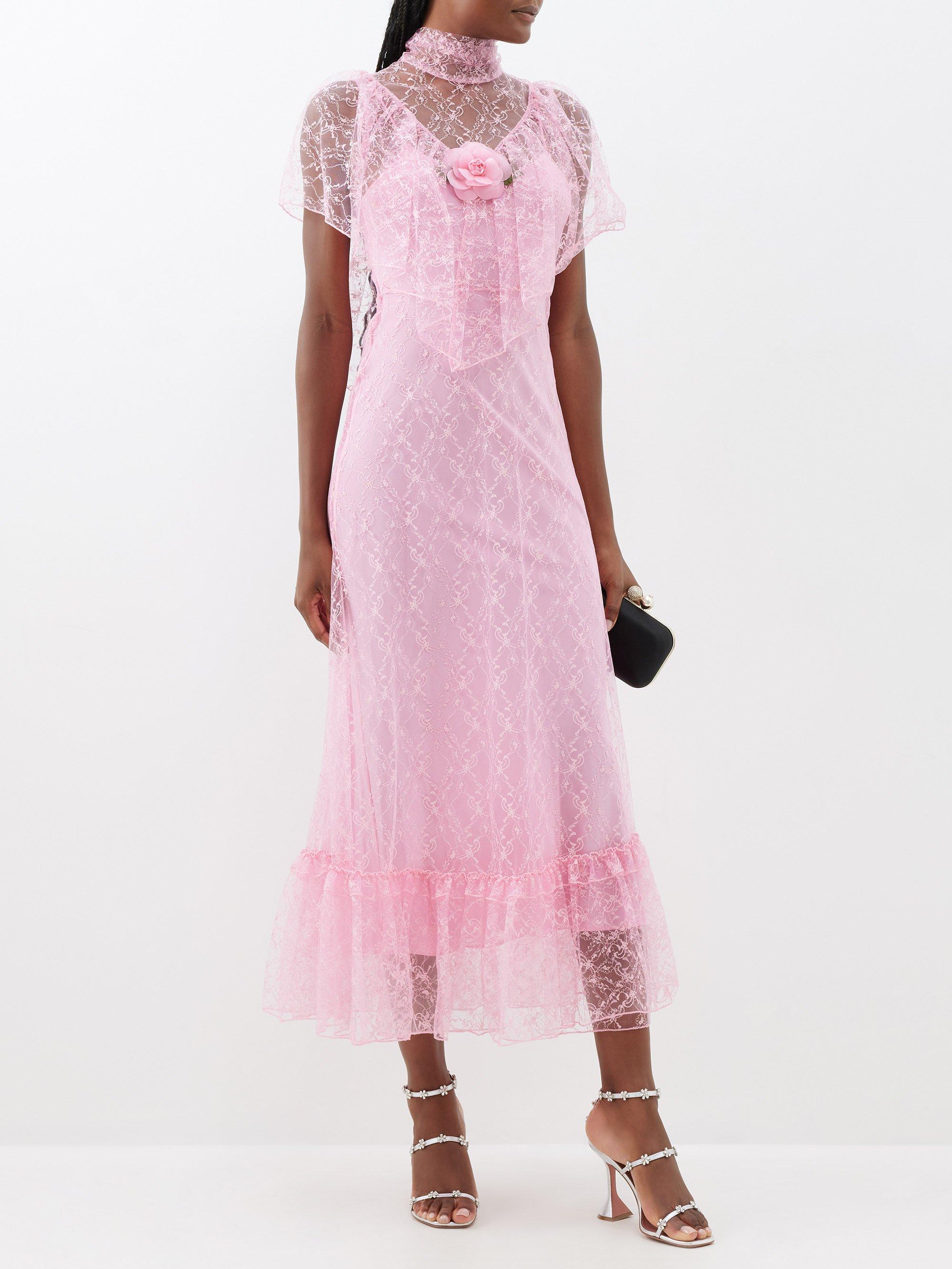 Rodarte Rose-embellished Tulle-overlay Midi Dress in Pink | Lyst