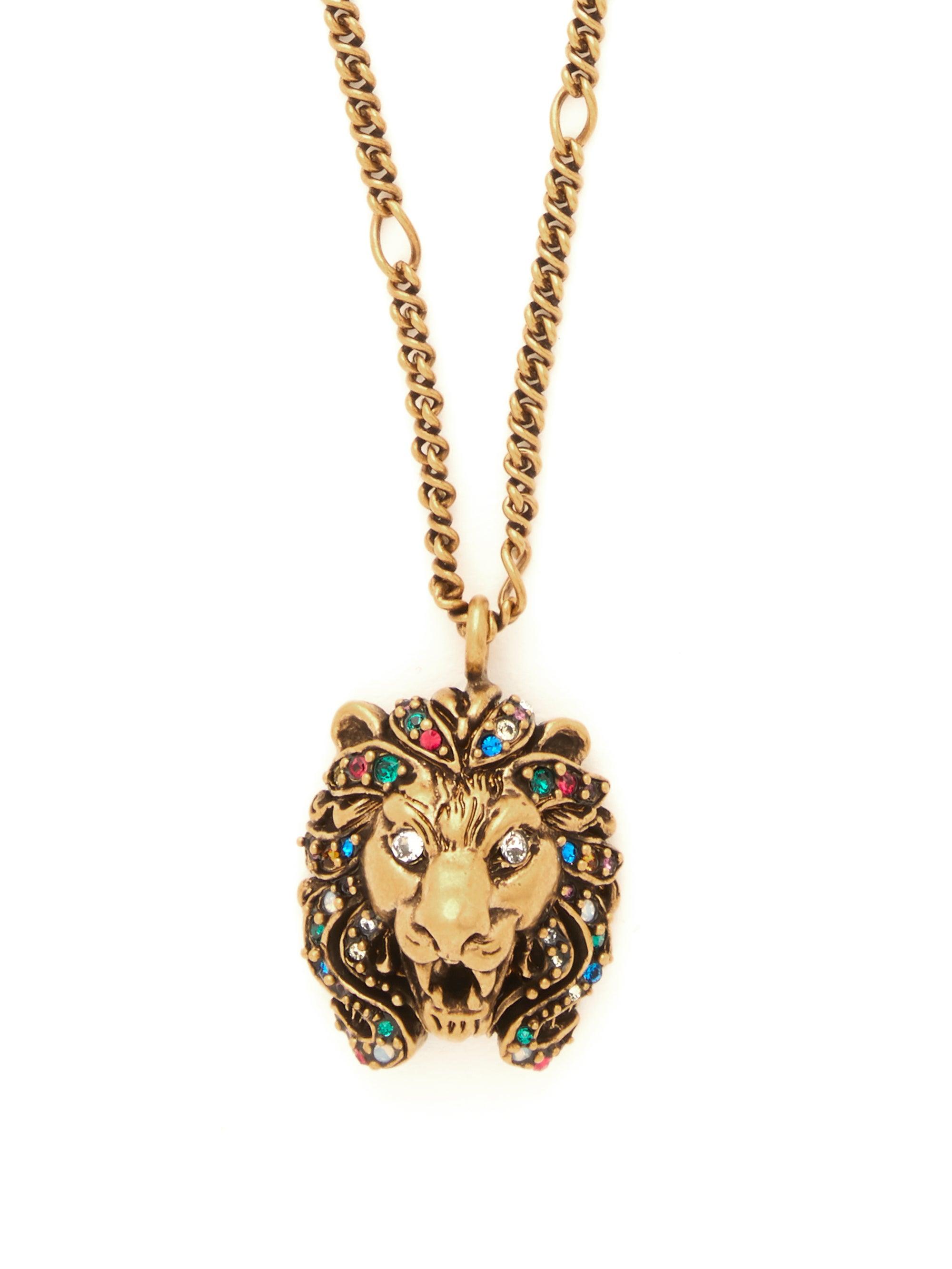 Gucci Lion-head Crystal-embellished Pendant Necklace in Metallic | Lyst