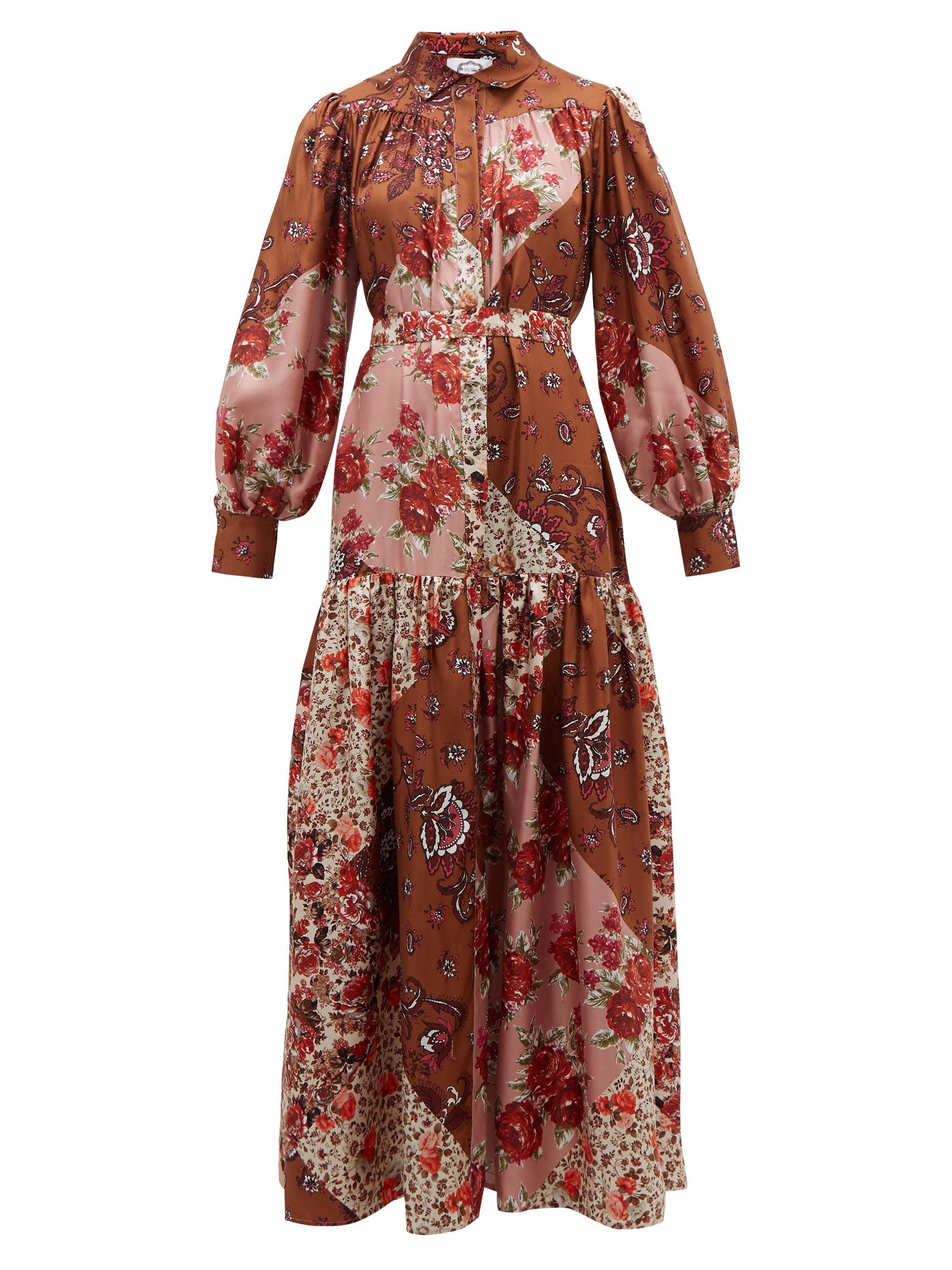 Evi Grintela Elsa Patchworkprint Silk Maxi Shirt Dress in Pink Print