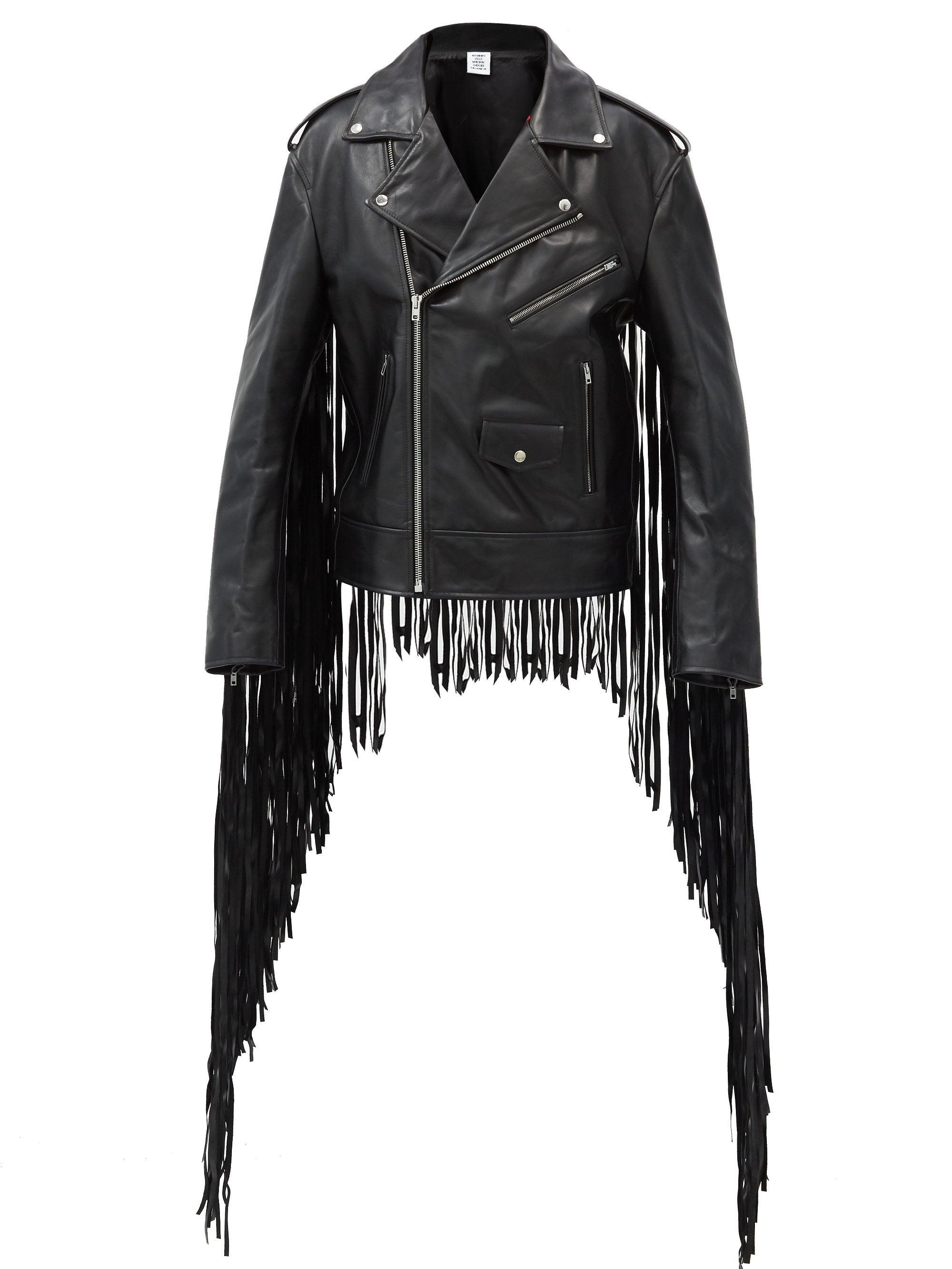 fringe leather jacket black