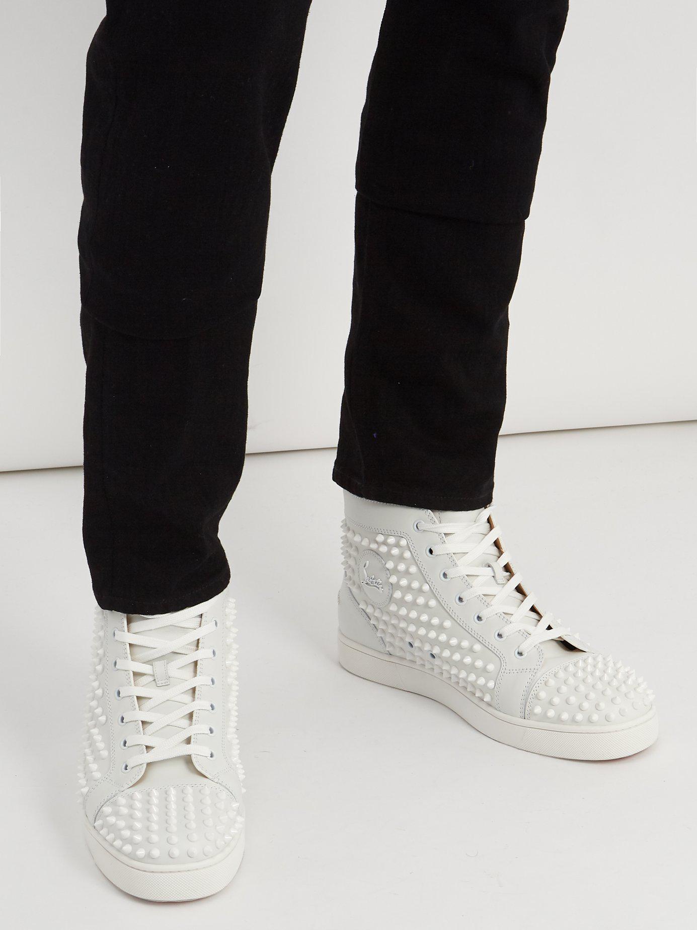 Christian Louboutin Men's Louis Spikes Flat High-Top Sneakers Studded  Leather White 2151701