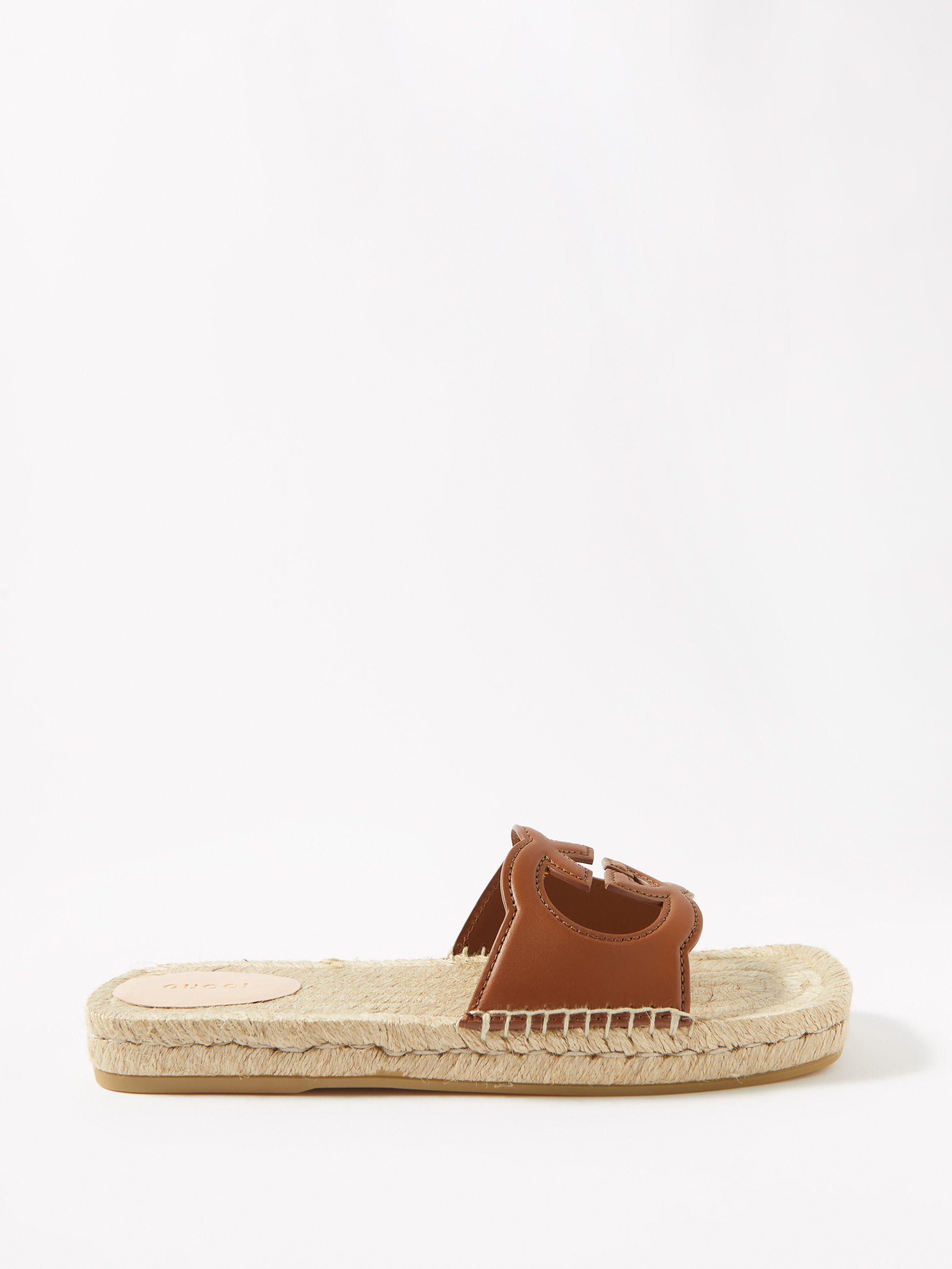 Gucci Cutoutmonogram Leather Espadrille Slides in Brown Lyst