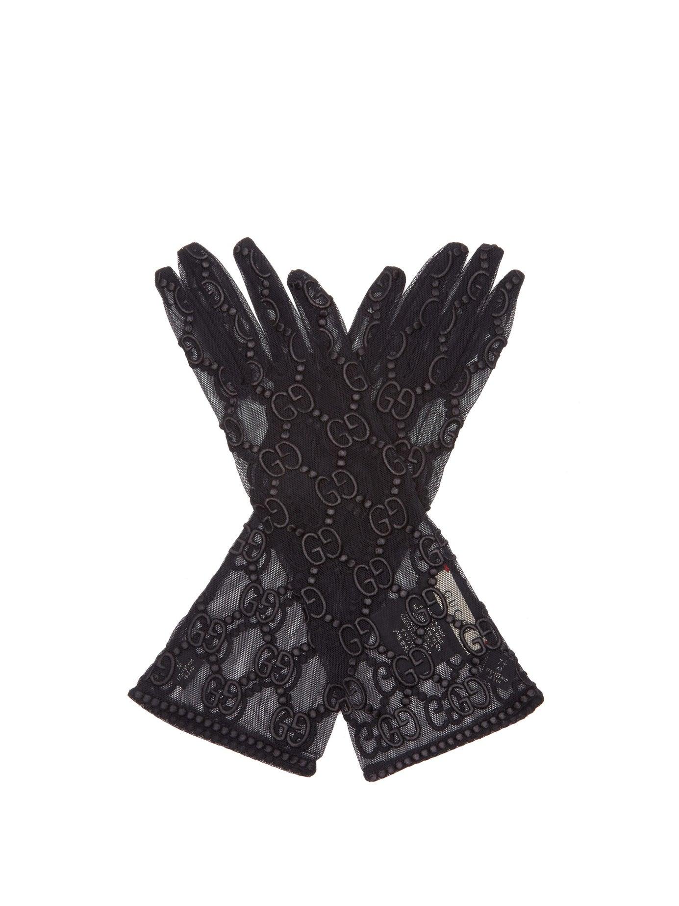 gucci gucci Tulle gloves with symbols embroidery for $290.00 available on  URSTYLE.com