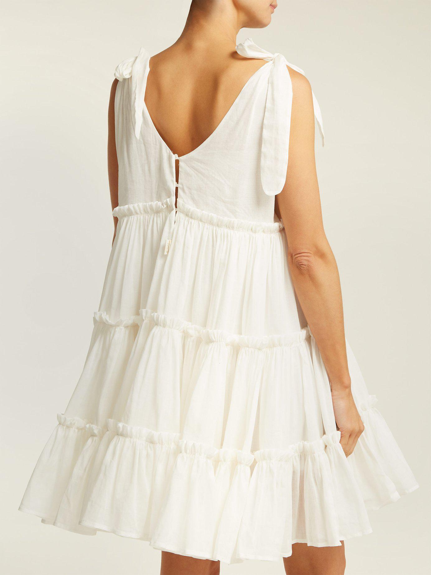 Innika Choo Tiered Ruffle Ramie Mini Dress in White - Lyst