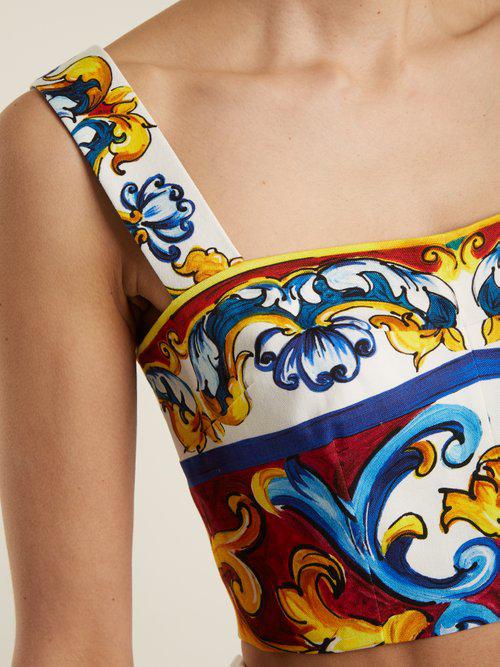Dolce & Gabbana Majolica-print Cotton-blend Cropped Top in Blue