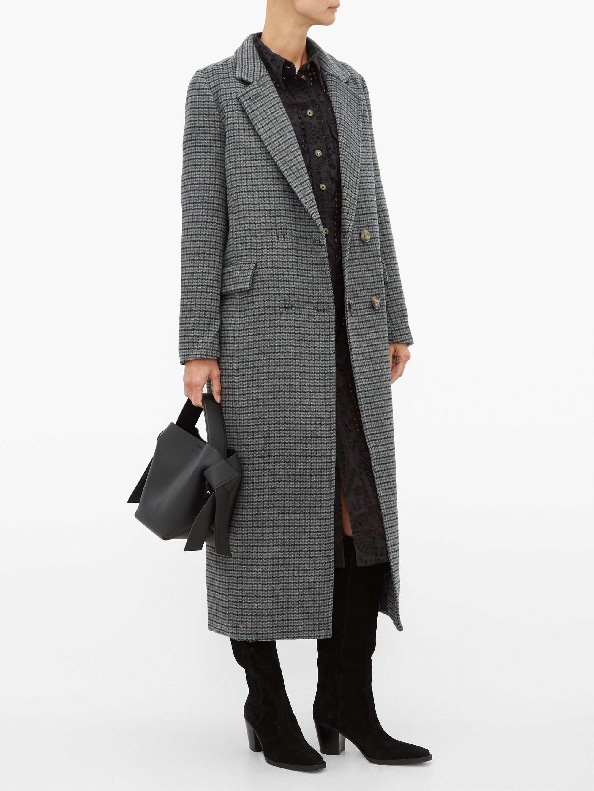 Ganni Checked Wool-blend Longline Coat in Gray | Lyst