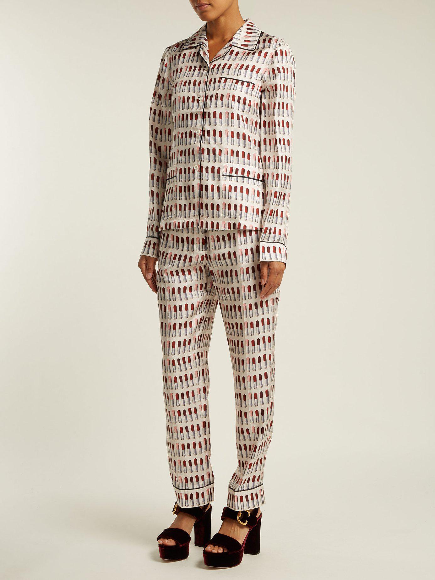 Prada Lipstick-print Silk Pyjama Set in White | Lyst