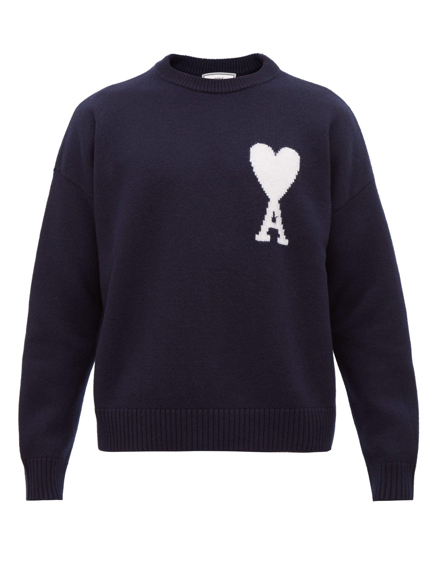 AMI Cashmere Oversized Logo-intarsia Merino-wool Sweater in Navy (Blue ...