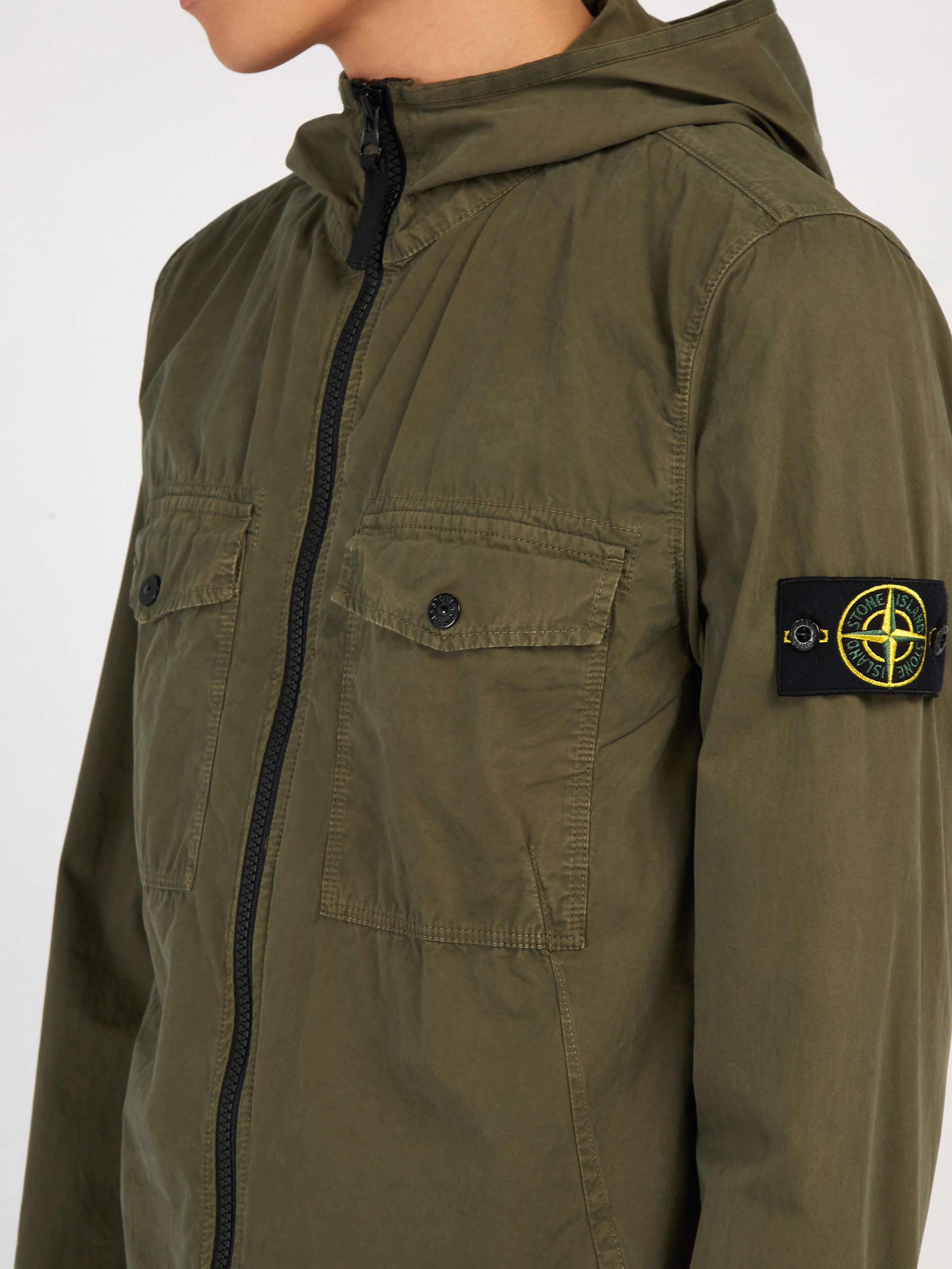 Stone Island Hooded Zip Through Cotton Overshirt in Green for Men - Lyst