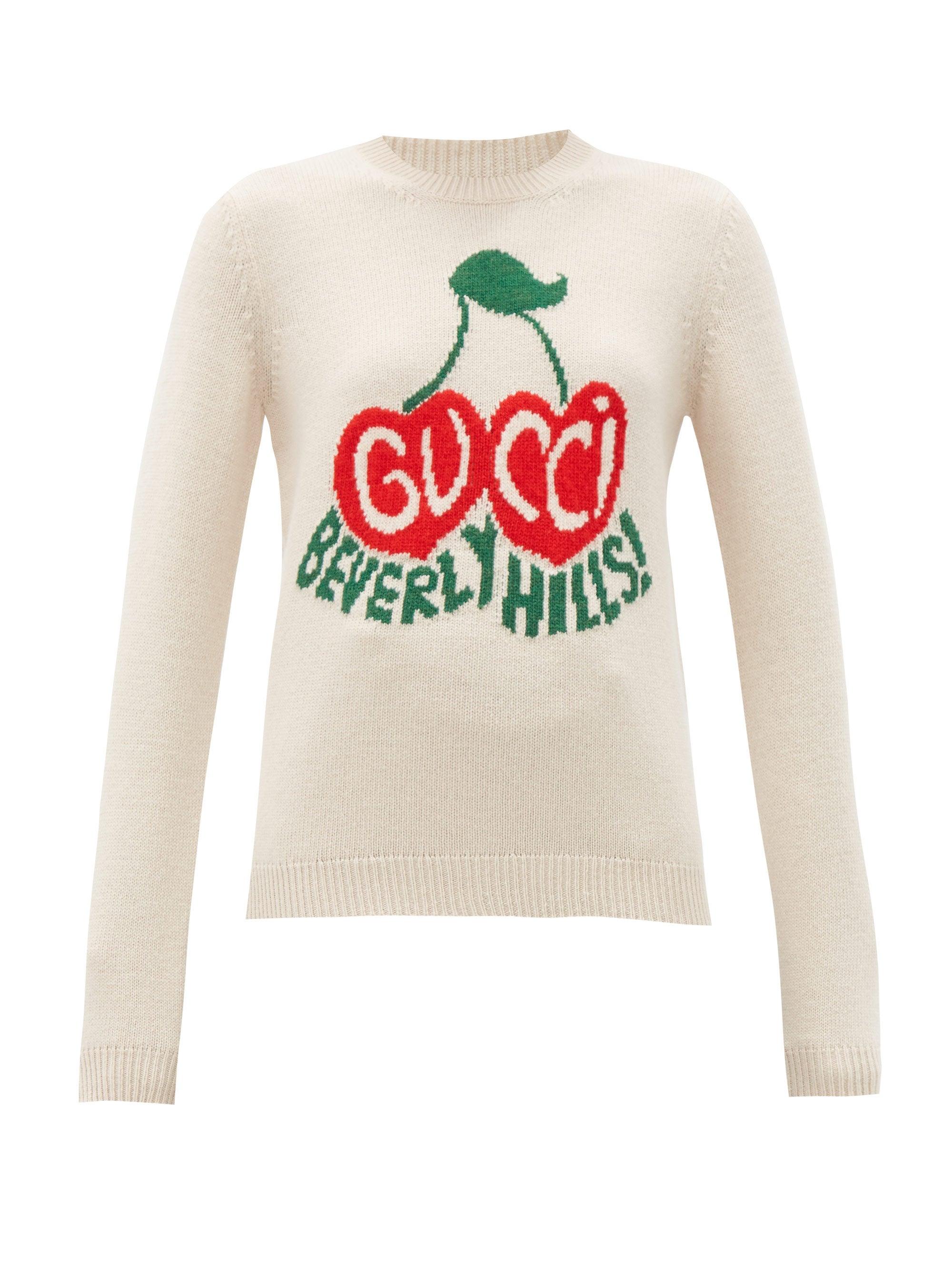 Gucci Beverly Hills Cherryintarsia Wool Sweater in Ivory (White) Lyst