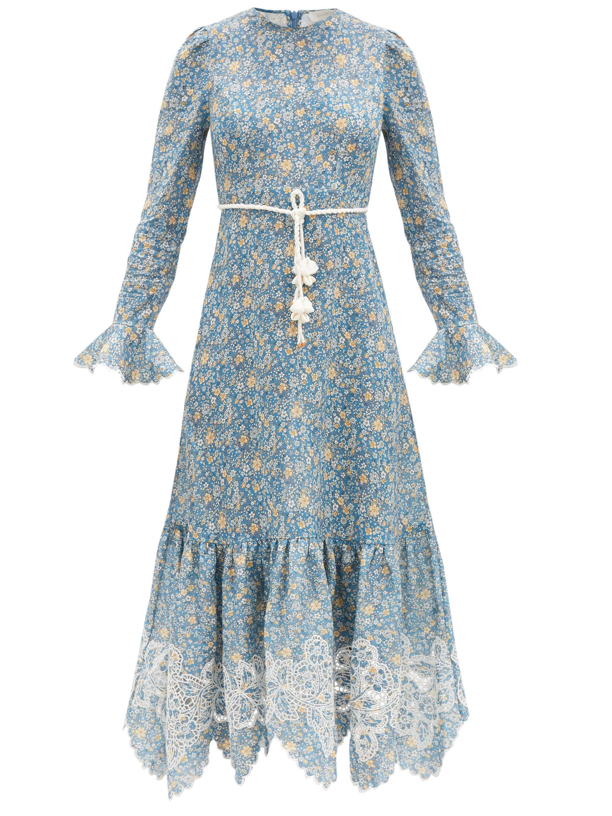 Zimmermann Carnaby Rope-belt Floral-print Linen Midi Dress in Blue ...