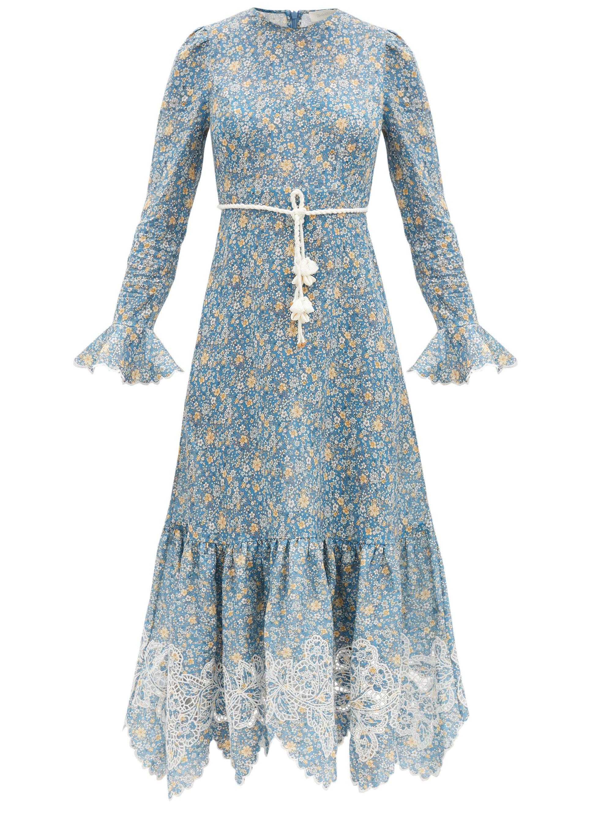 Zimmermann Carnaby Ropebelt Floralprint Linen Midi Dress in Blue