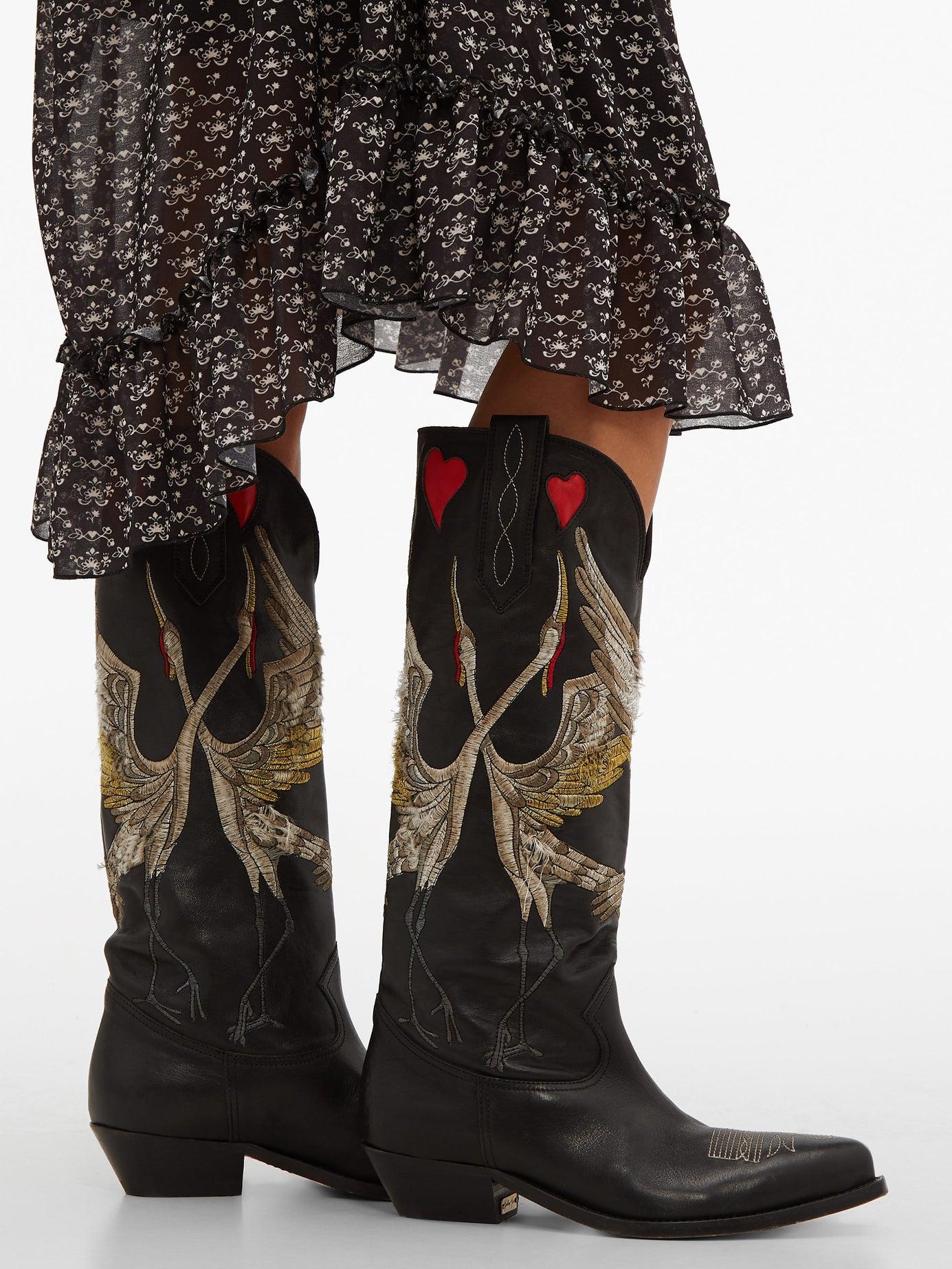 Golden Goose Wish Star Bird-embroidered Leather Boots in Black | Lyst