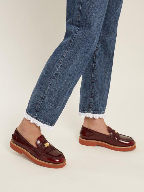 Miu Miu Coin-embellished Leather Penny Loafers in Red | Lyst