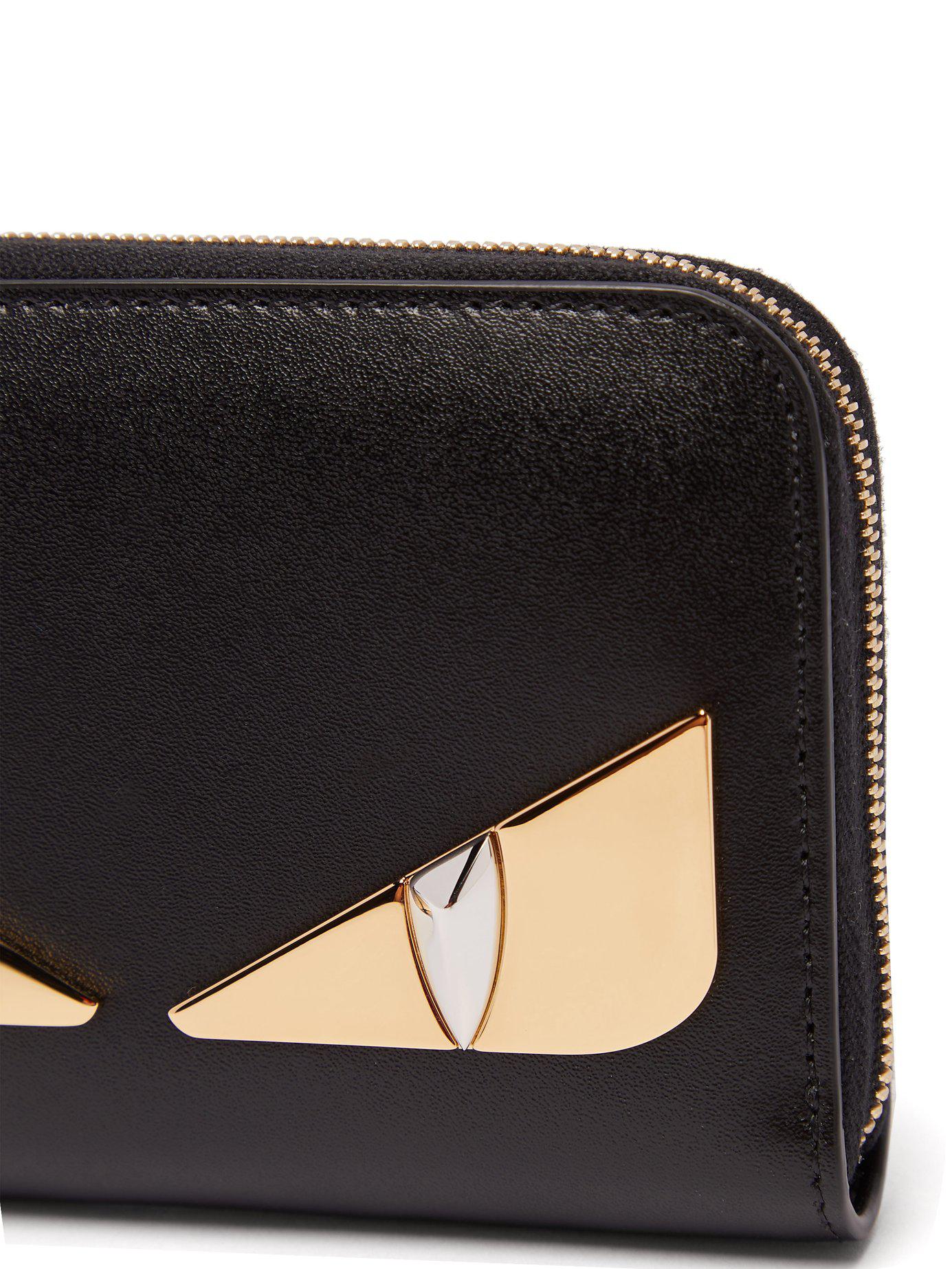 FENDI Bugs Monster Wallet Purse Black Gold Leather Long Zip Around 7M0210  #4637D
