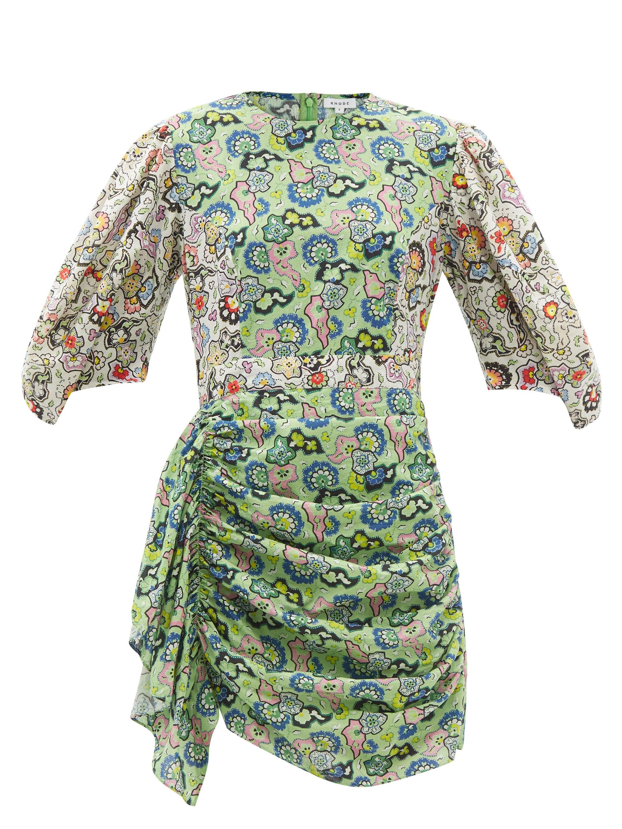 RHODE Pia Floral-print Ruched Cotton-poplin Mini Dress in Green | Lyst ...