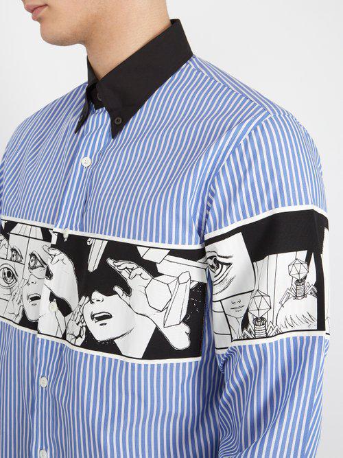 Prada Comic-print Striped Cotton-poplin Shirt in Blue for Men | Lyst