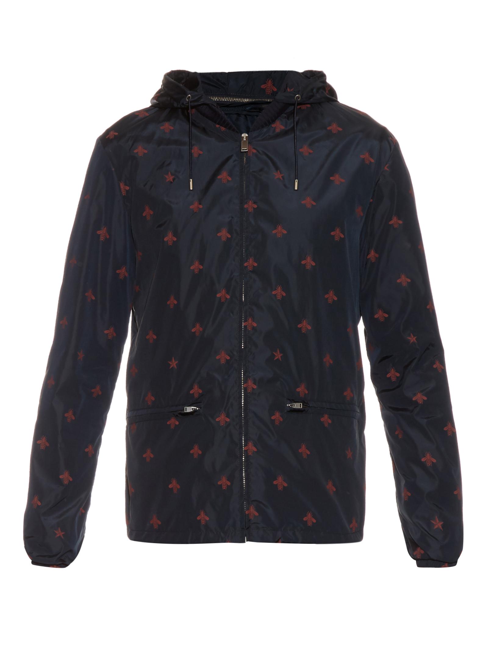 Gucci Detachable Hood Bee print Nylon Jacket in Blue for Men Lyst