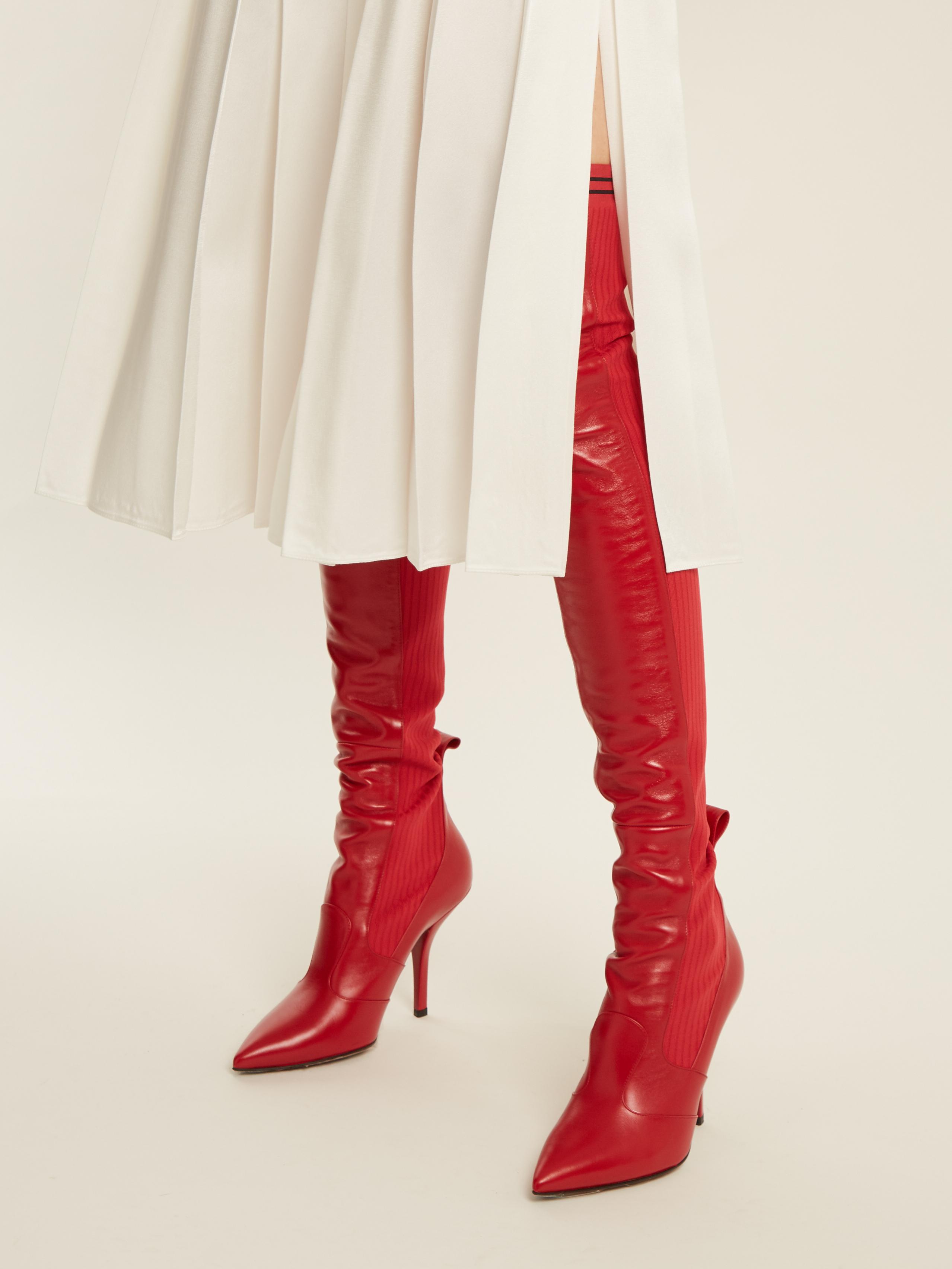 Fendi 105mm Leather & Knit Over The Knee Boots in Red | Lyst