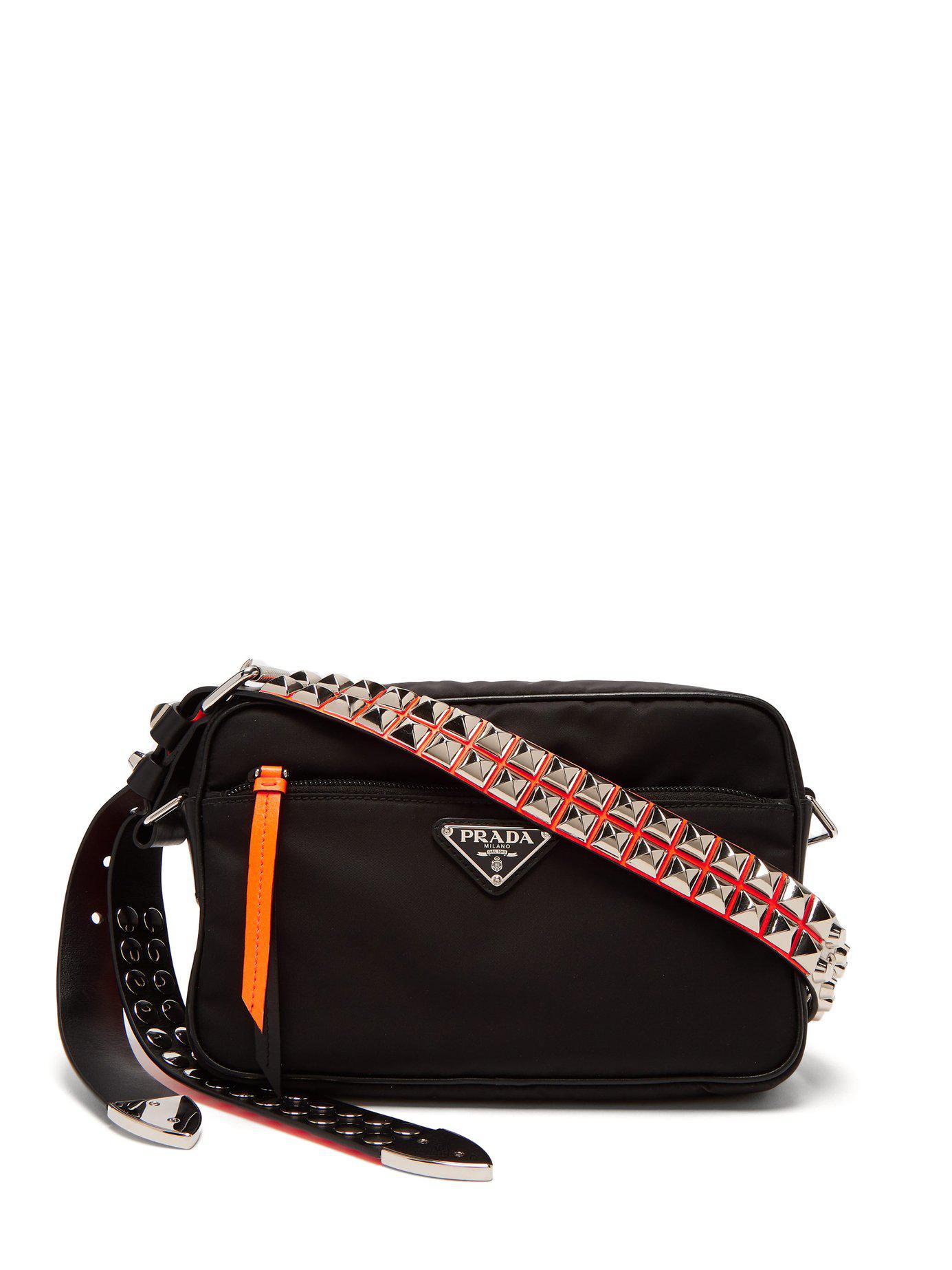 Prada Stud-embellished Nylon Cross-body Bag in Black | Lyst