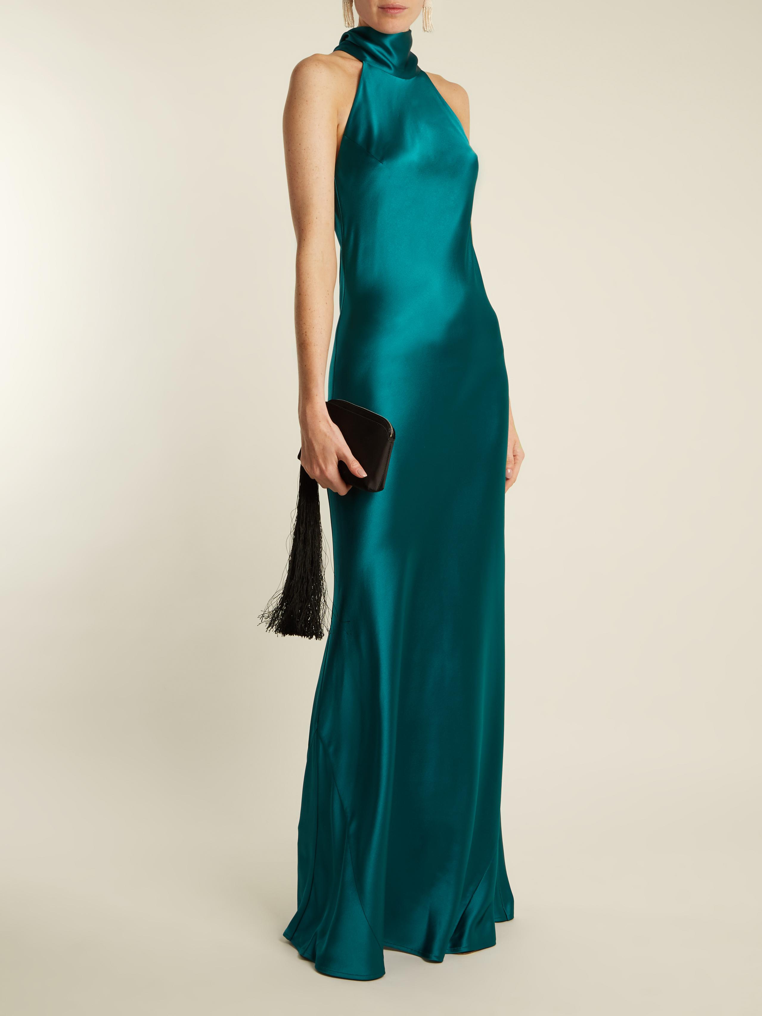 Lyst - Galvan London Halterneck Silk-satin Gown in Green