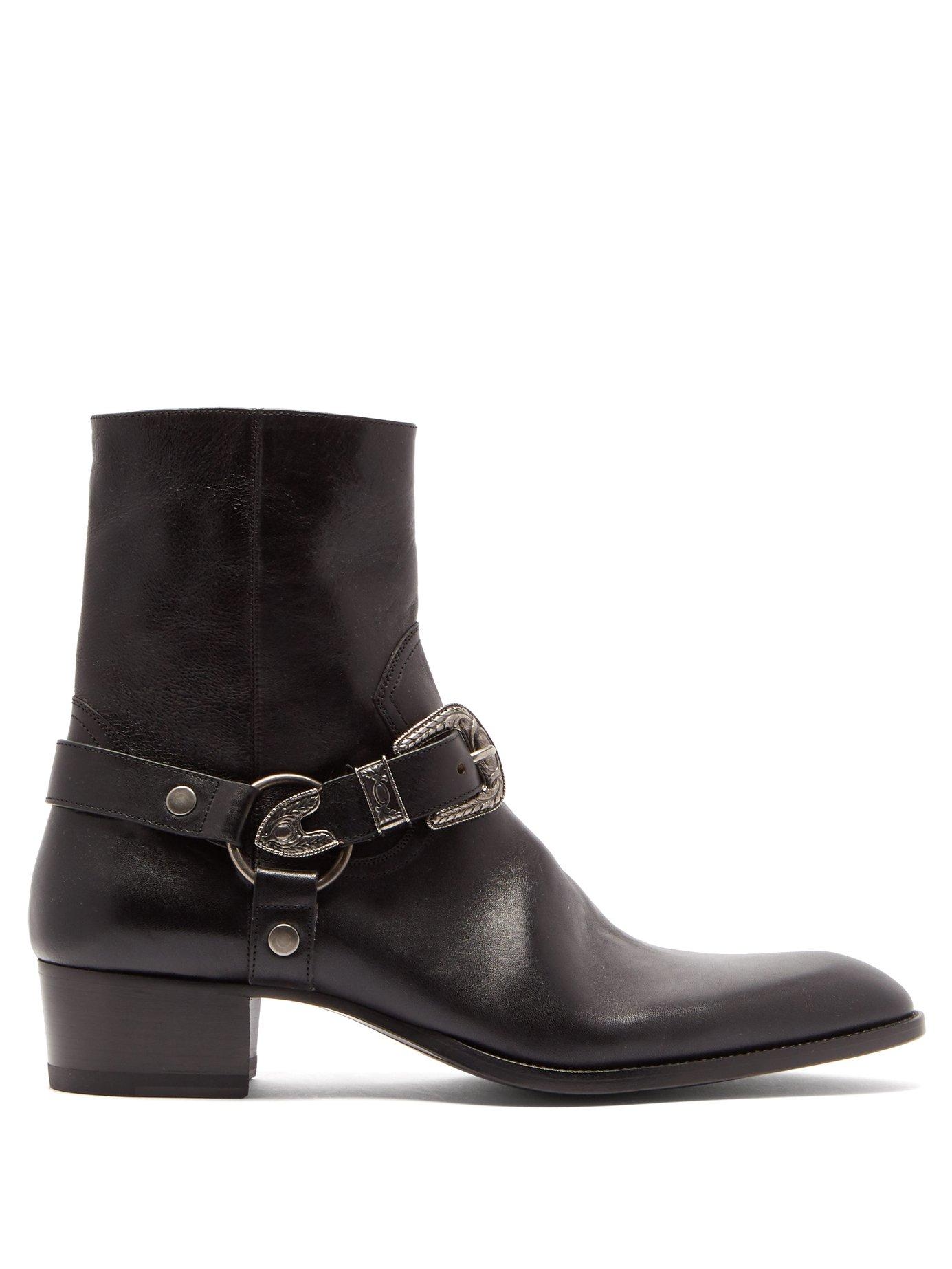 Saint Laurent Wyatt Western Buckle Leather Boots in Black for Men | Lyst