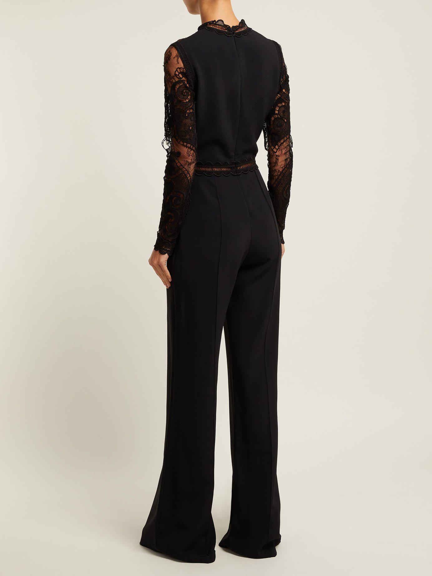 Elie Saab Guipure Lace And Crepe Wide Leg Jumpsuit in Black - Lyst
