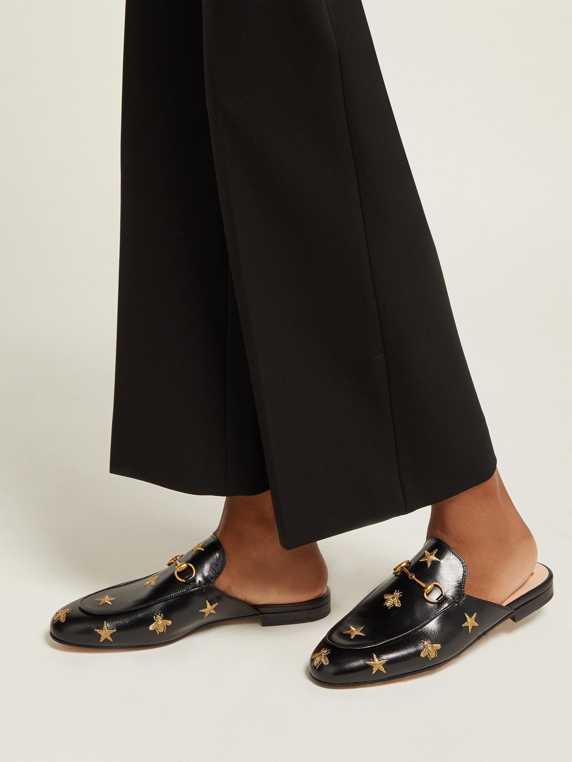 Gucci Princetown Embroidered Leather Slipper in Black | Lyst