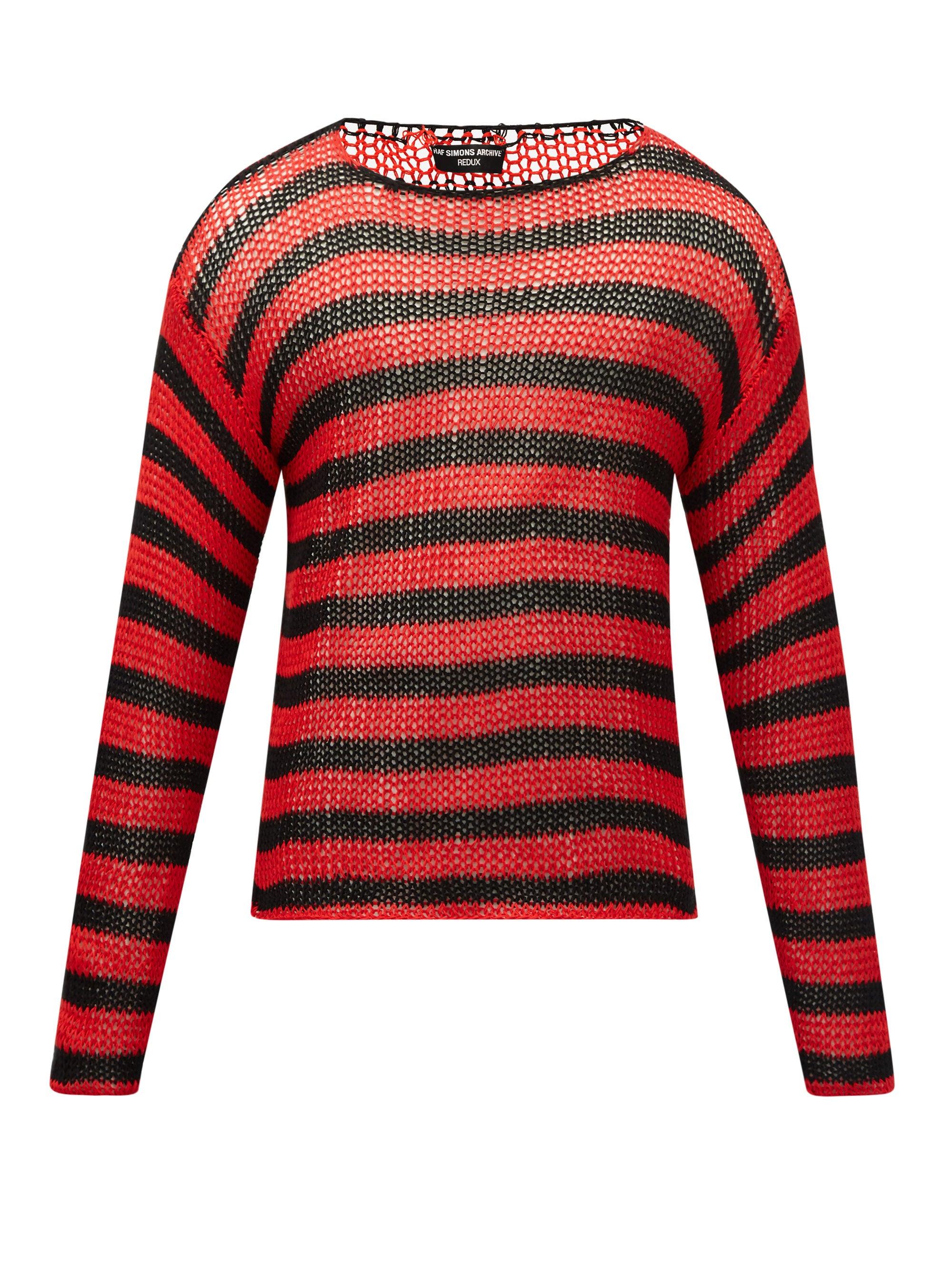 Raf Simons Ss97 Striped Open-knit Cotton Sweater in Black Red (Red) for Lyst