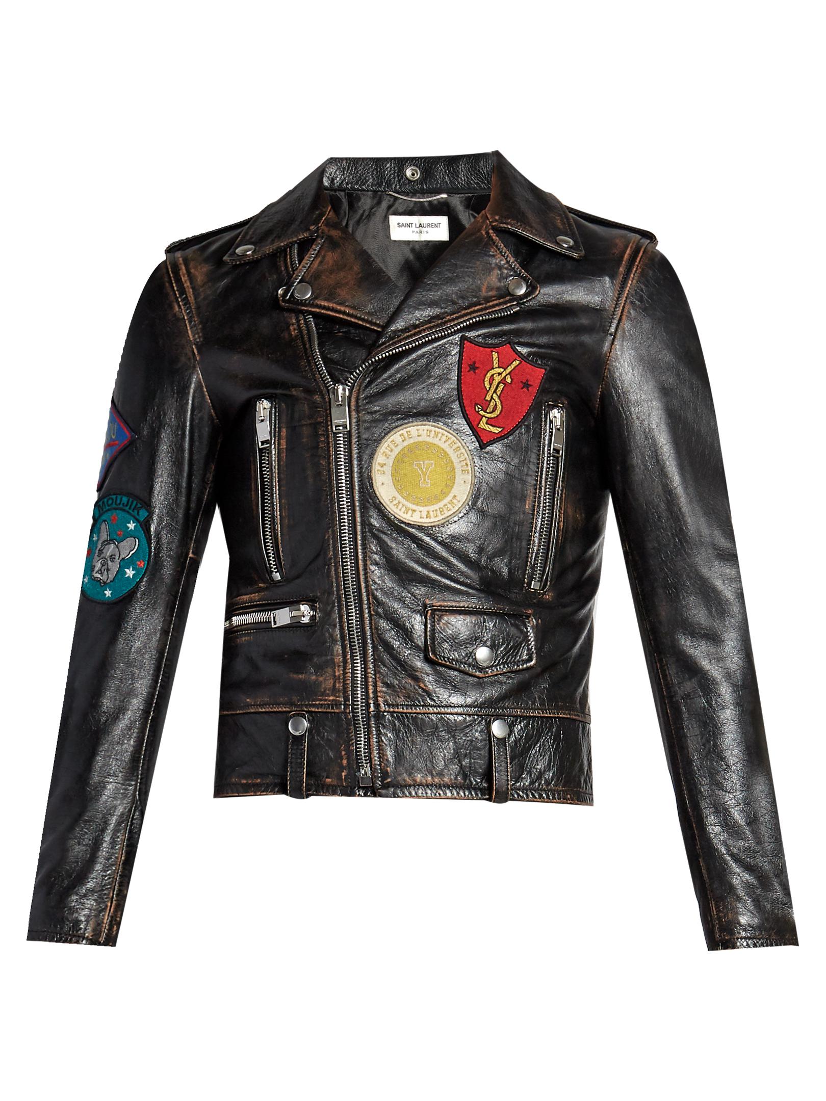 Saint Laurent Badge-appliqué Leather Biker Jacket in Brown for Men - Lyst