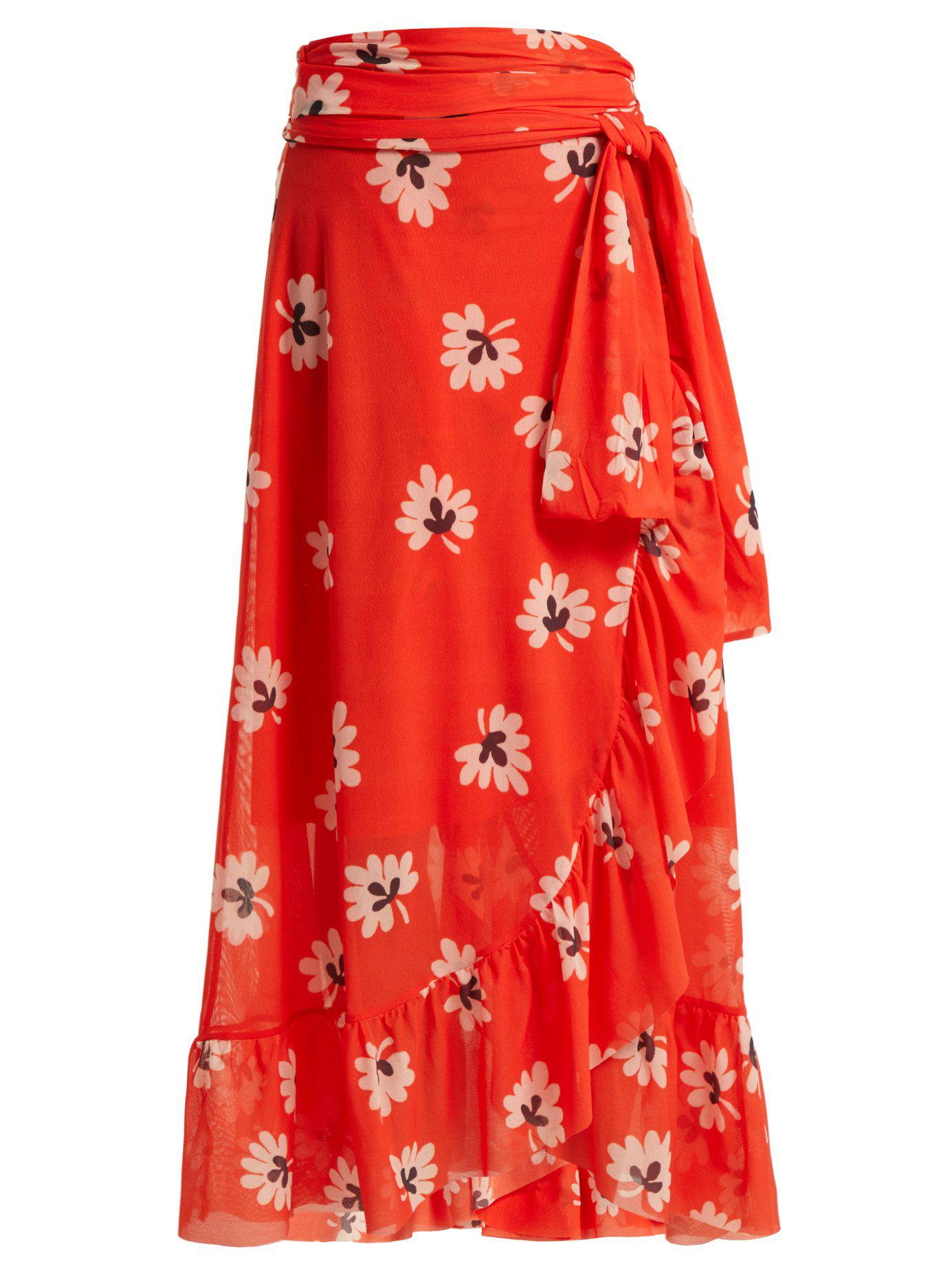 Ganni Synthetic Tilden Floral Mesh Ruffled Midi Wrap Skirt in Red - Lyst