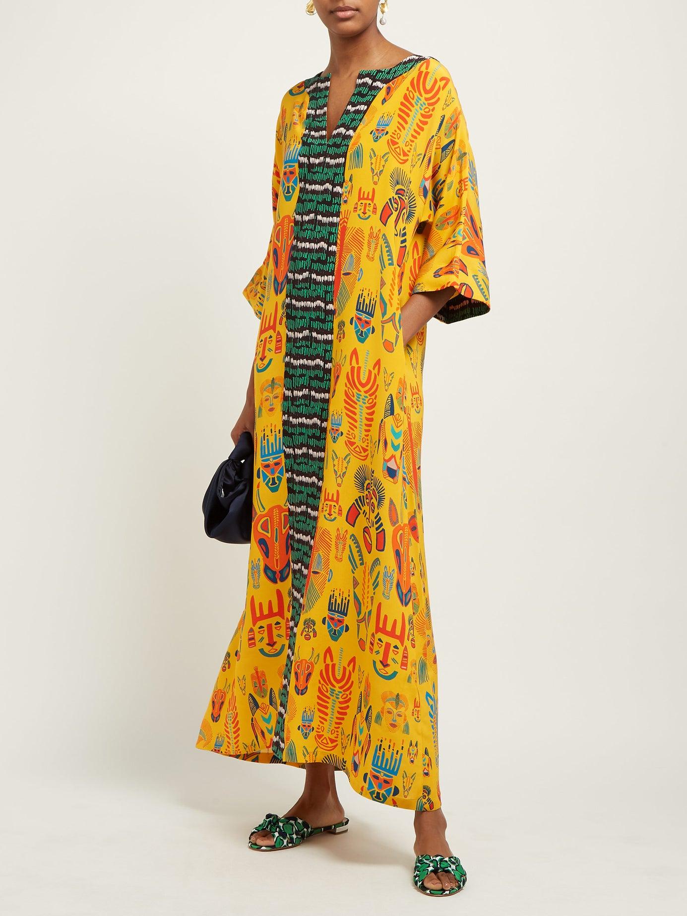 Rianna + Nina Patricia Carnival-print Silk Maxi Dress in Yellow - Lyst