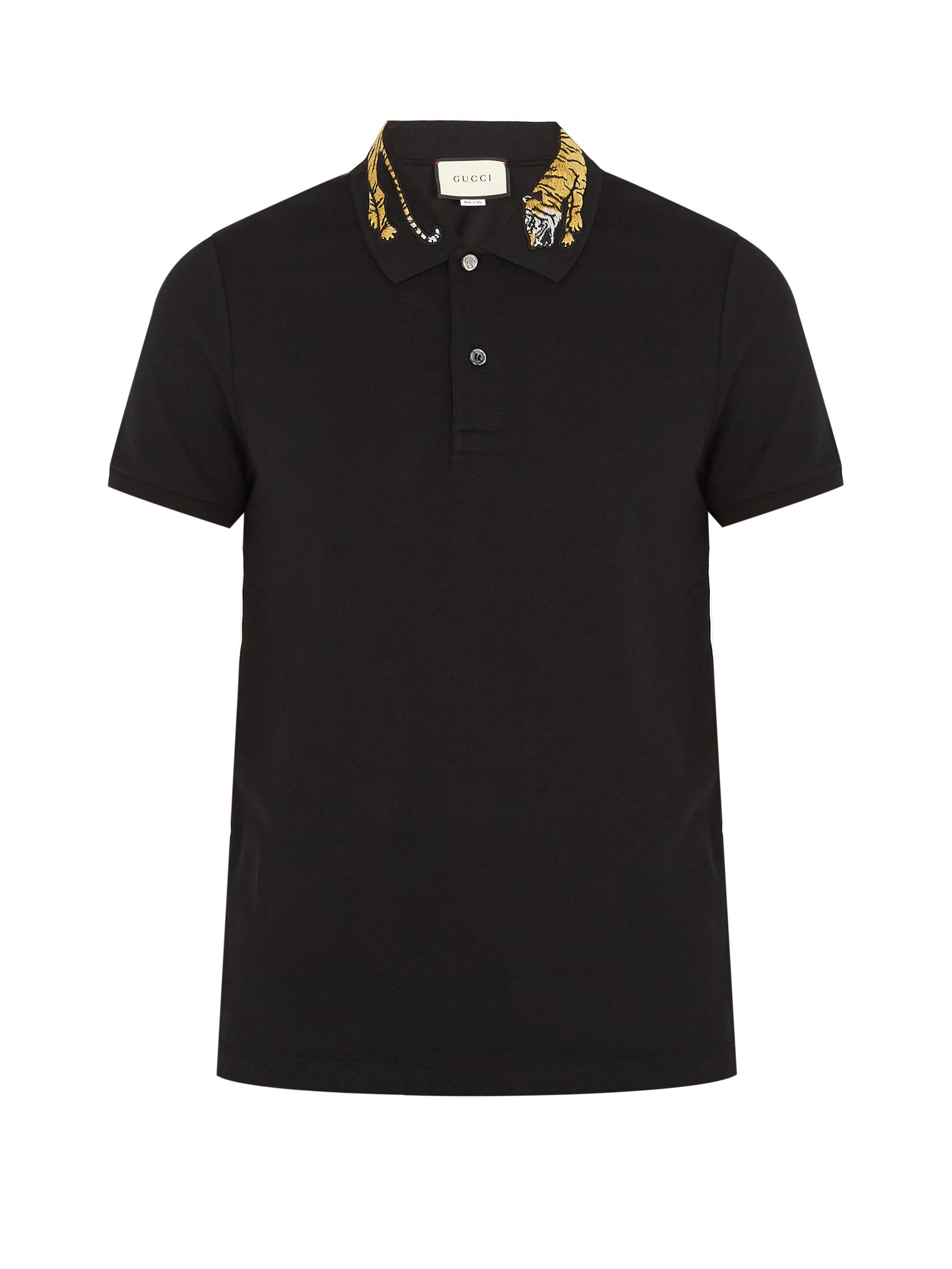 Gucci Tiger-appliqué Cotton-blend Piqué Polo Shirt in Black for Men | Lyst