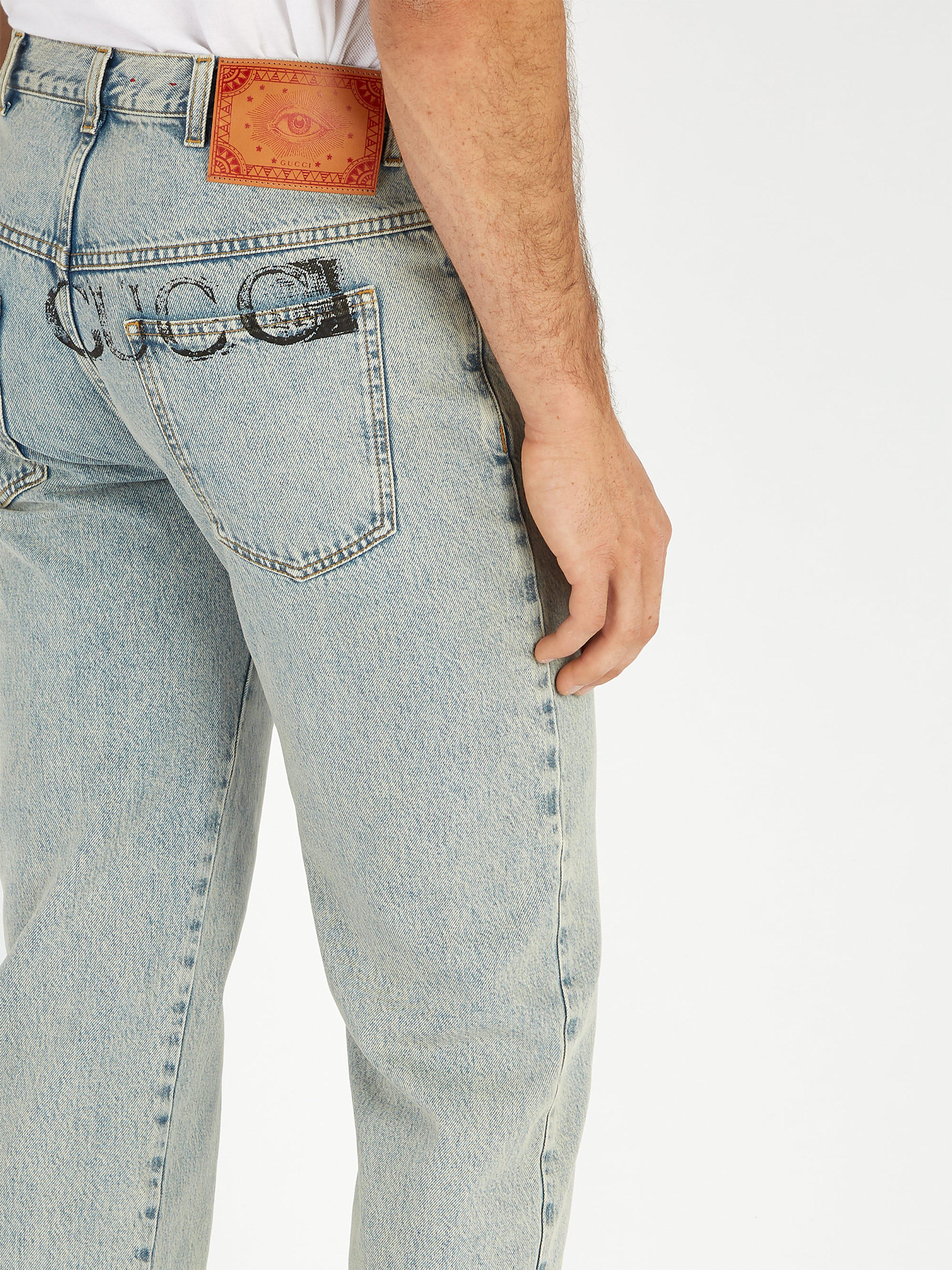 Gucci Denim Logo Print Straight Leg Jeans in Blue for Men - Lyst