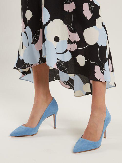 Prada Suede Pointed toe Pumps in Blue Lyst