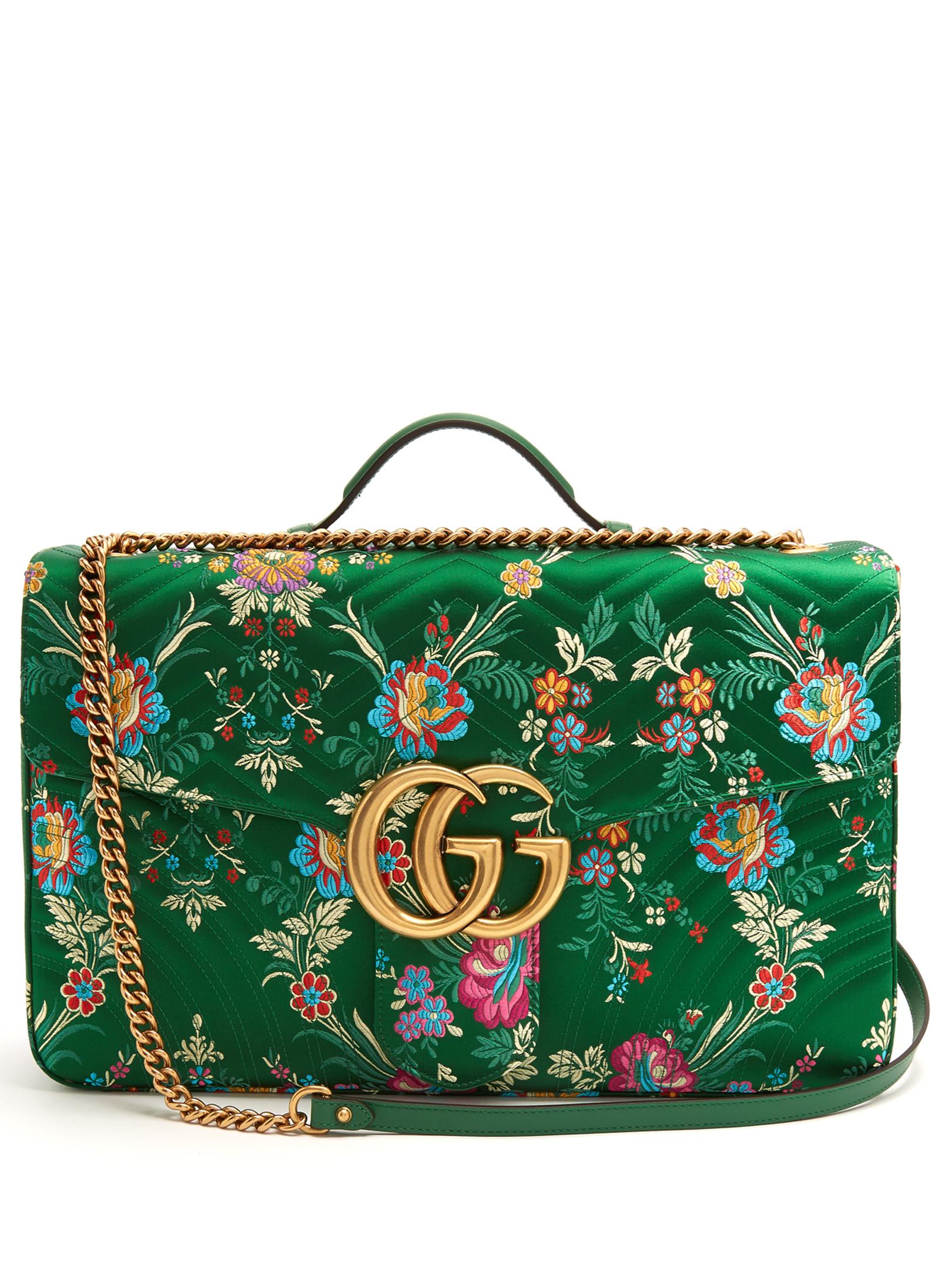 Gucci Satin Gg Marmont Maxi Floral-jacquard Shoulder Bag in Green - Lyst
