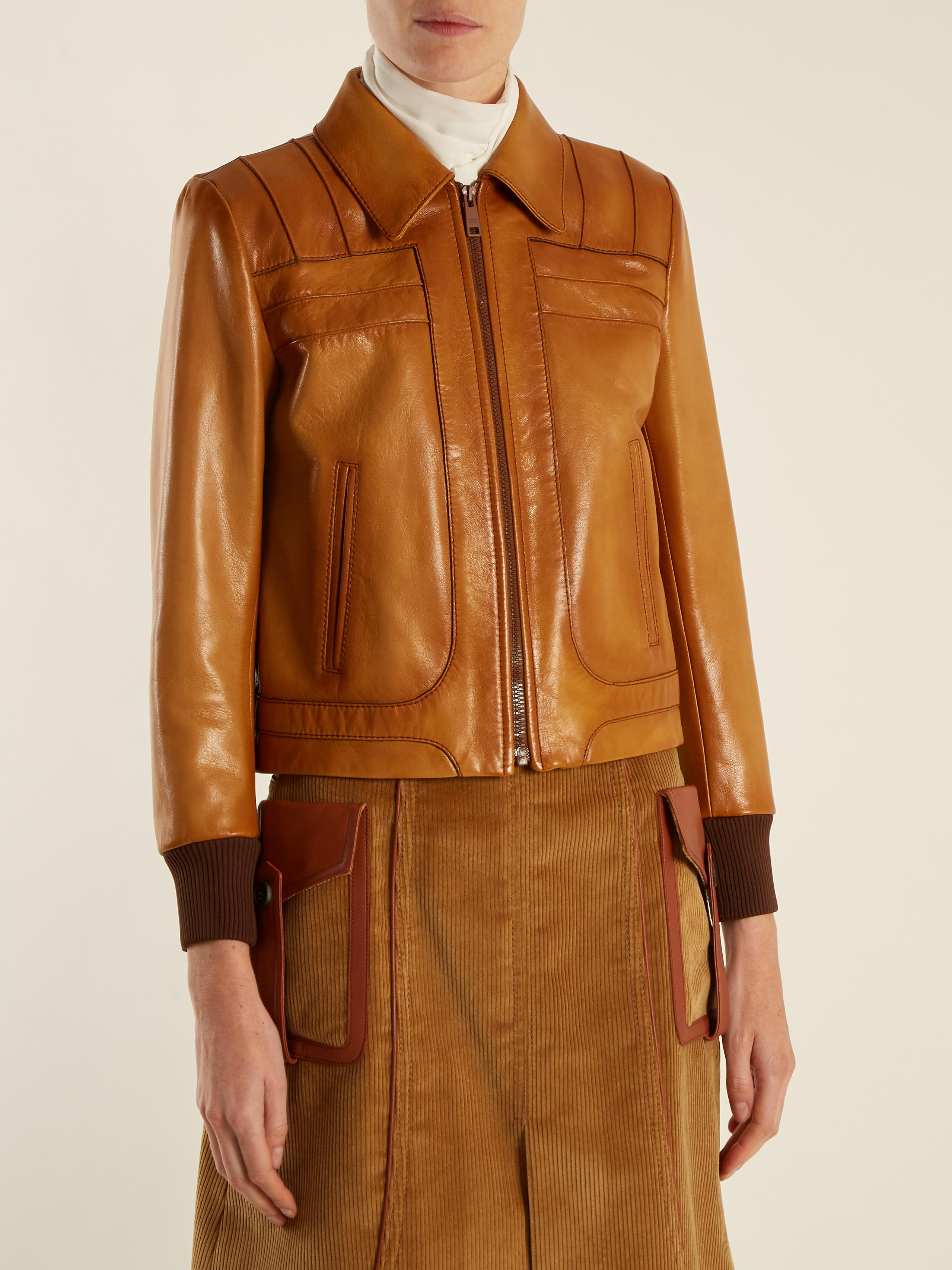 Prada Zip-through Leather Jacket in Brown - Lyst