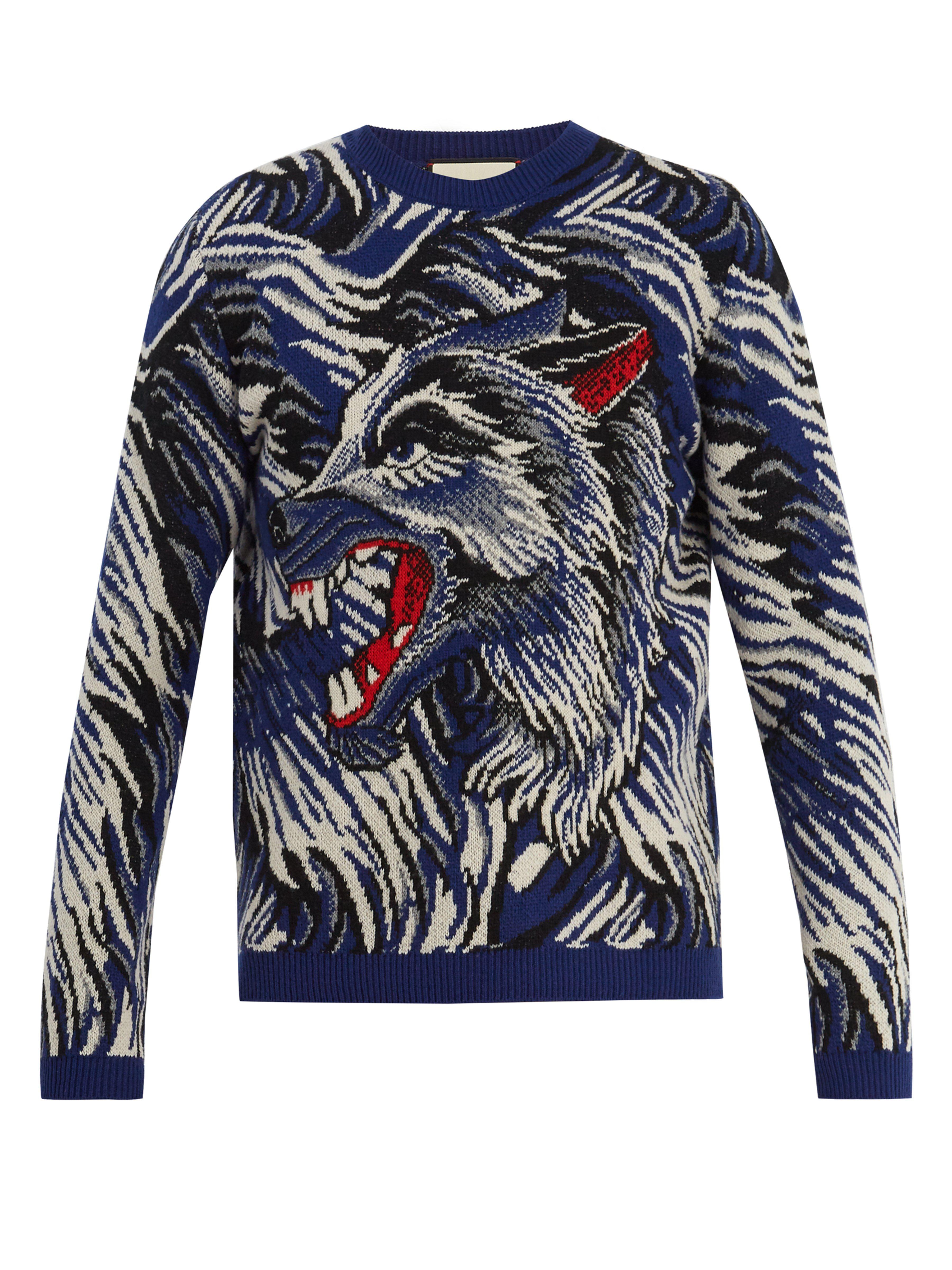 Gucci Wolf Intarsia Knit Wool Sweater in Blue for Men - Lyst