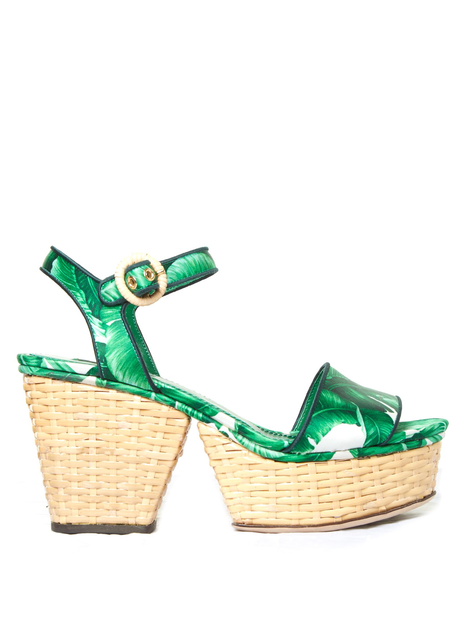 Dolce & Gabbana Banana Leaf-print Wicker Wedge Sandals in Green | Lyst
