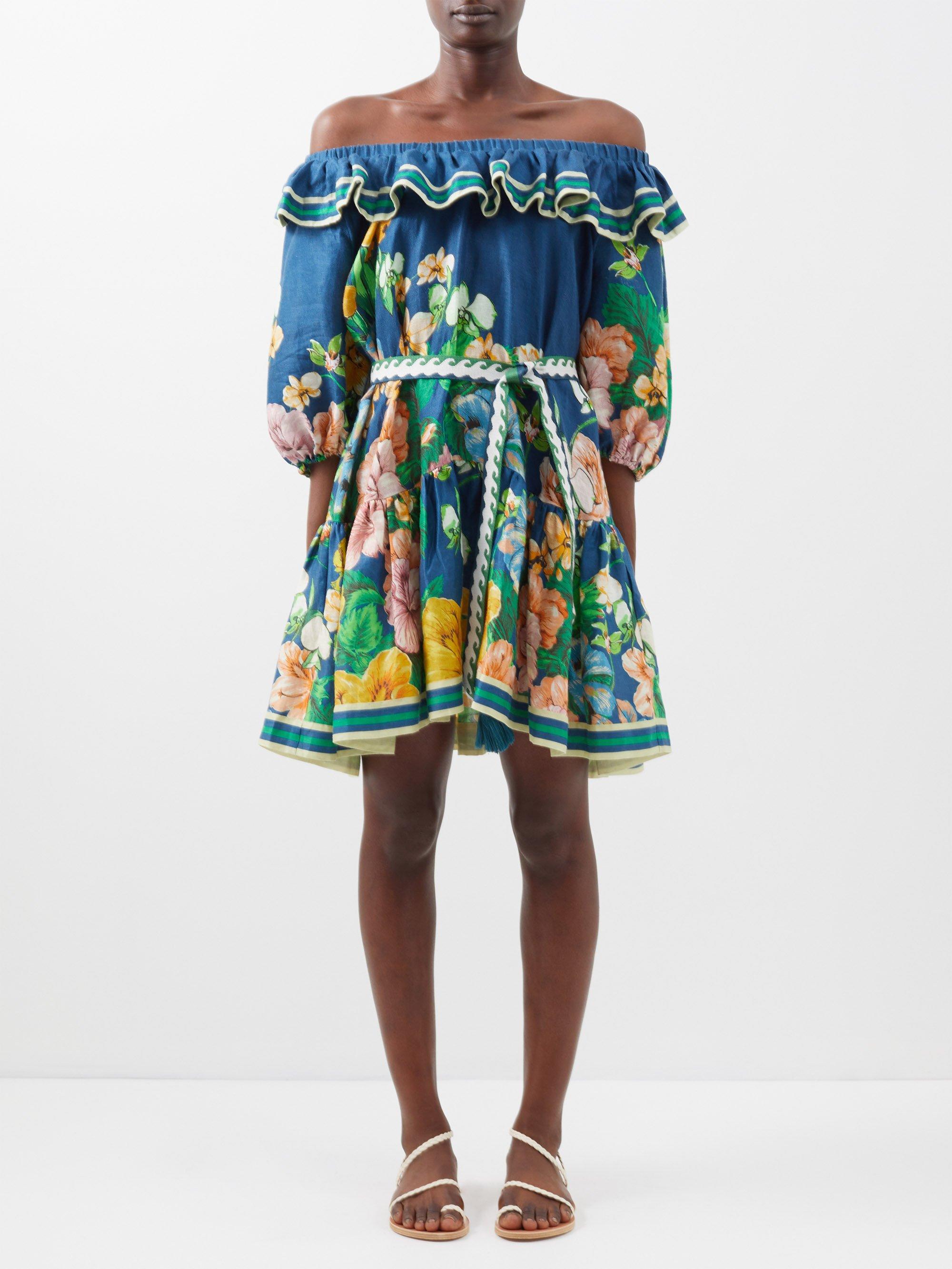 ALÉMAIS Alémais Lyla Off-the-shoulder Floral-print Linen Dress in Blue ...