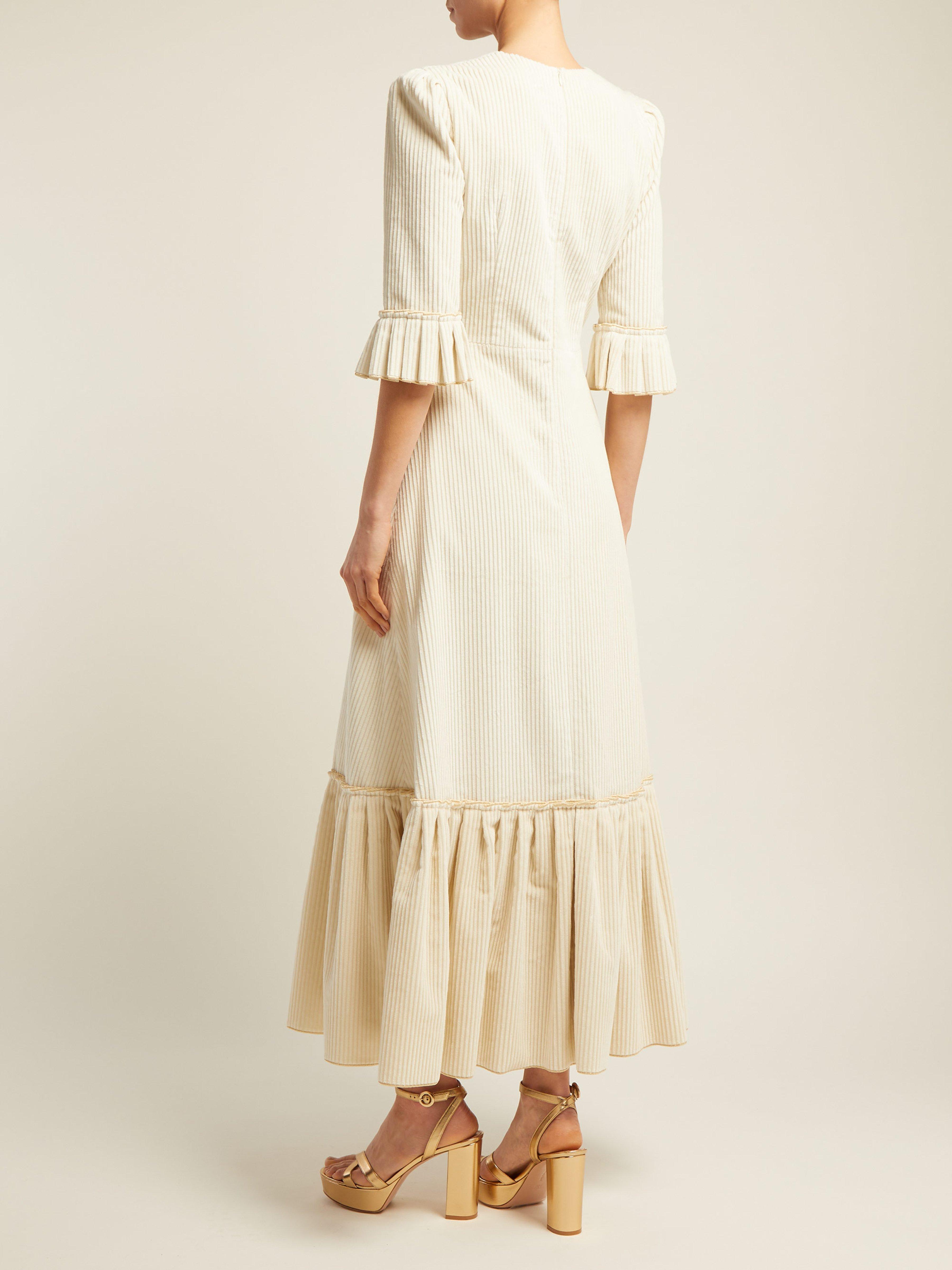 The Vampire's Wife Velvet Festival Ruffle Trimmed Cotton Corduroy Maxi Dress in Cream (Natural 
