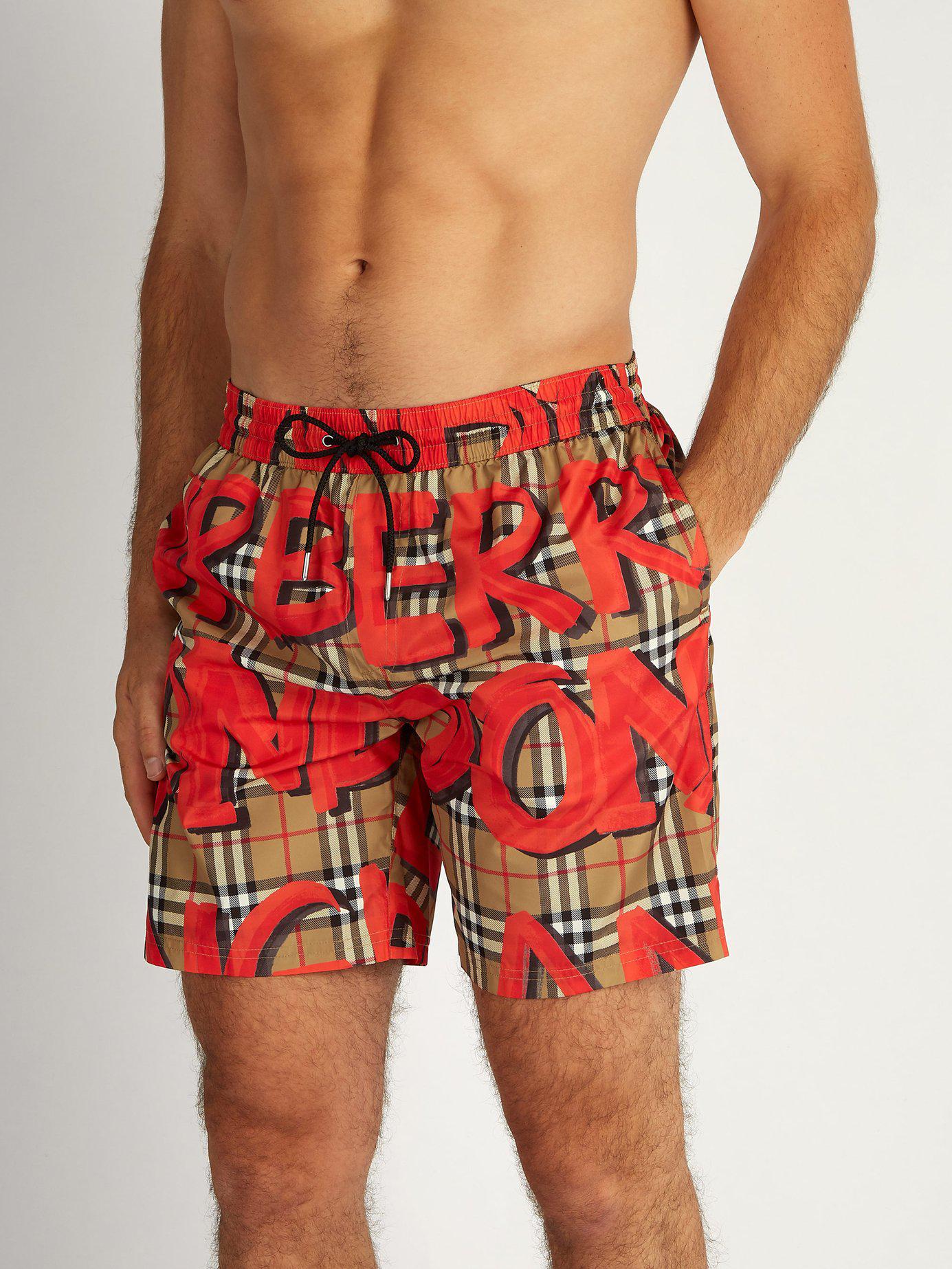 Burberry Graffiti And Check-print Swim Shorts in Red for Men | Lyst