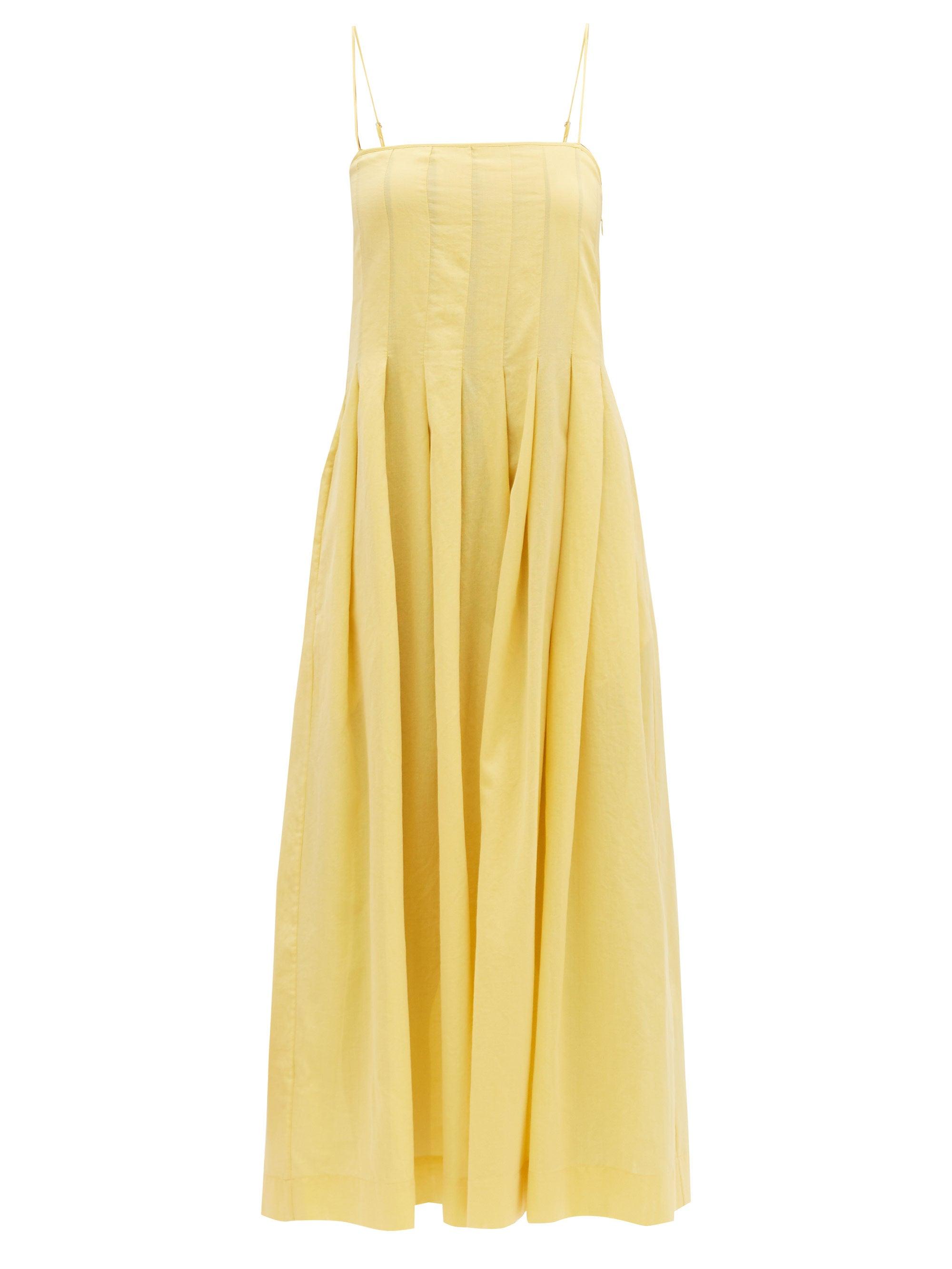 Three Graces London Lucia Pleated Cotton-gauze Maxi Dress in Yellow - Lyst