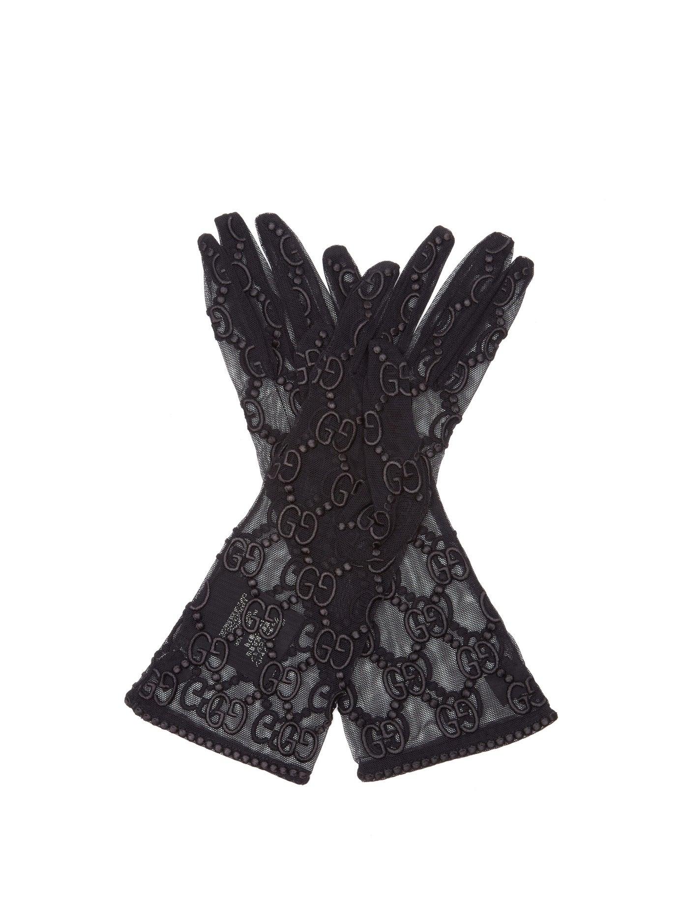 Gucci Gg-embroidered Tulle Gloves in Black | Lyst