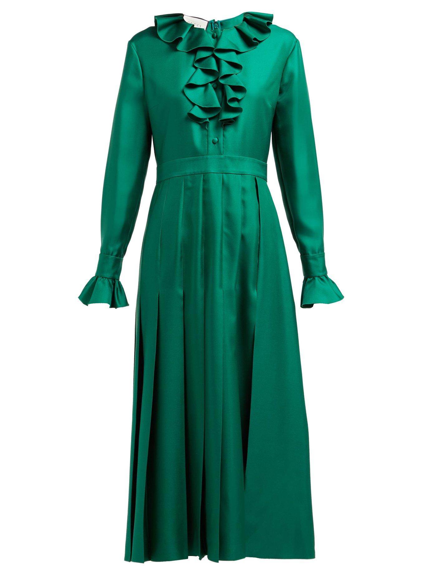 Gucci Ruffle Trimmed Pleated Silk Twill Dress in Green | Lyst
