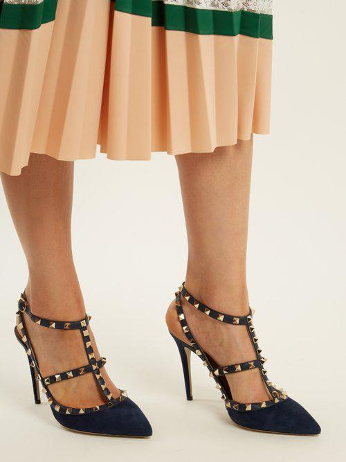 Valentino Suede Rockstud Ankle Strap Heels in Navy (Blue) - Lyst