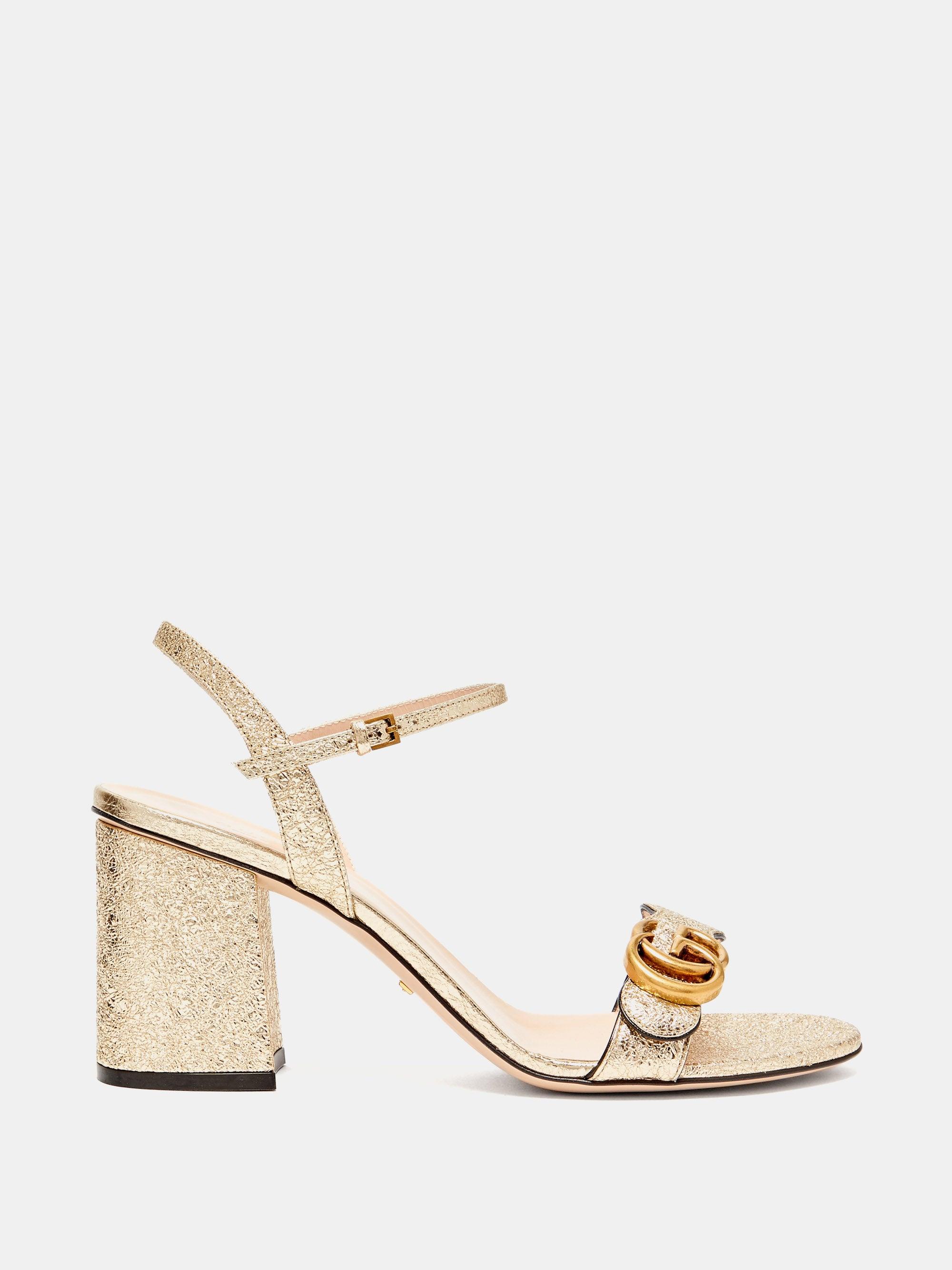Gucci GG Marmont Block-heel Metallic-leather Sandals in Natural | Lyst