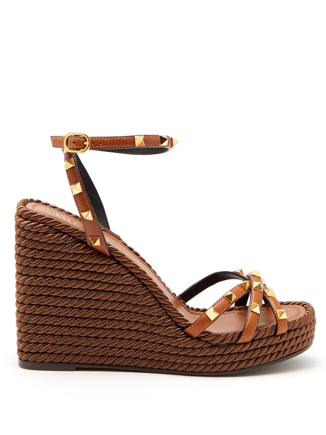 Valentino Rockstud Leather Wedge Sandals in Brown - Lyst
