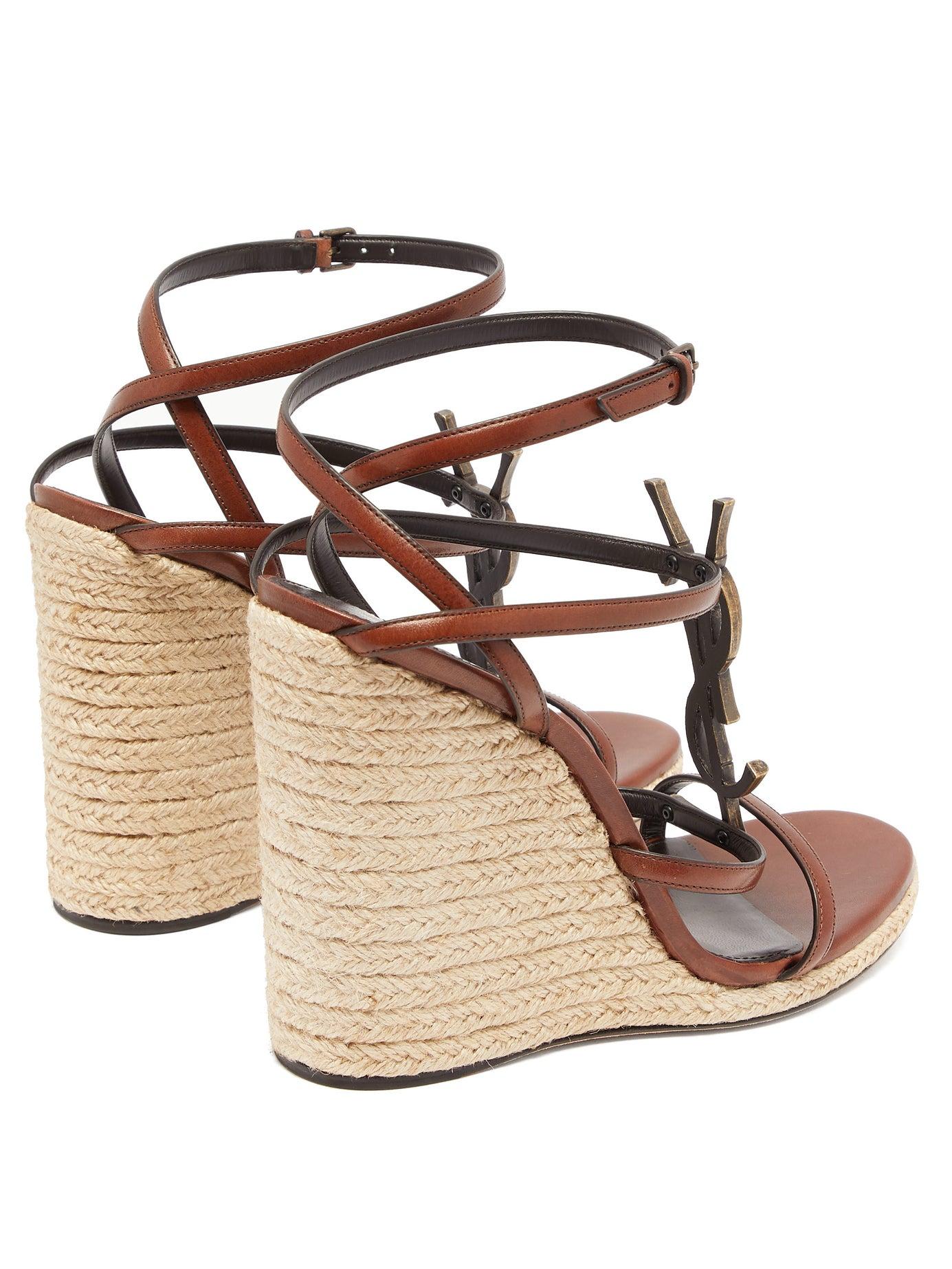 Saint Laurent Cassandra Ysl-monogram Leather Wedge Sandals in Brown