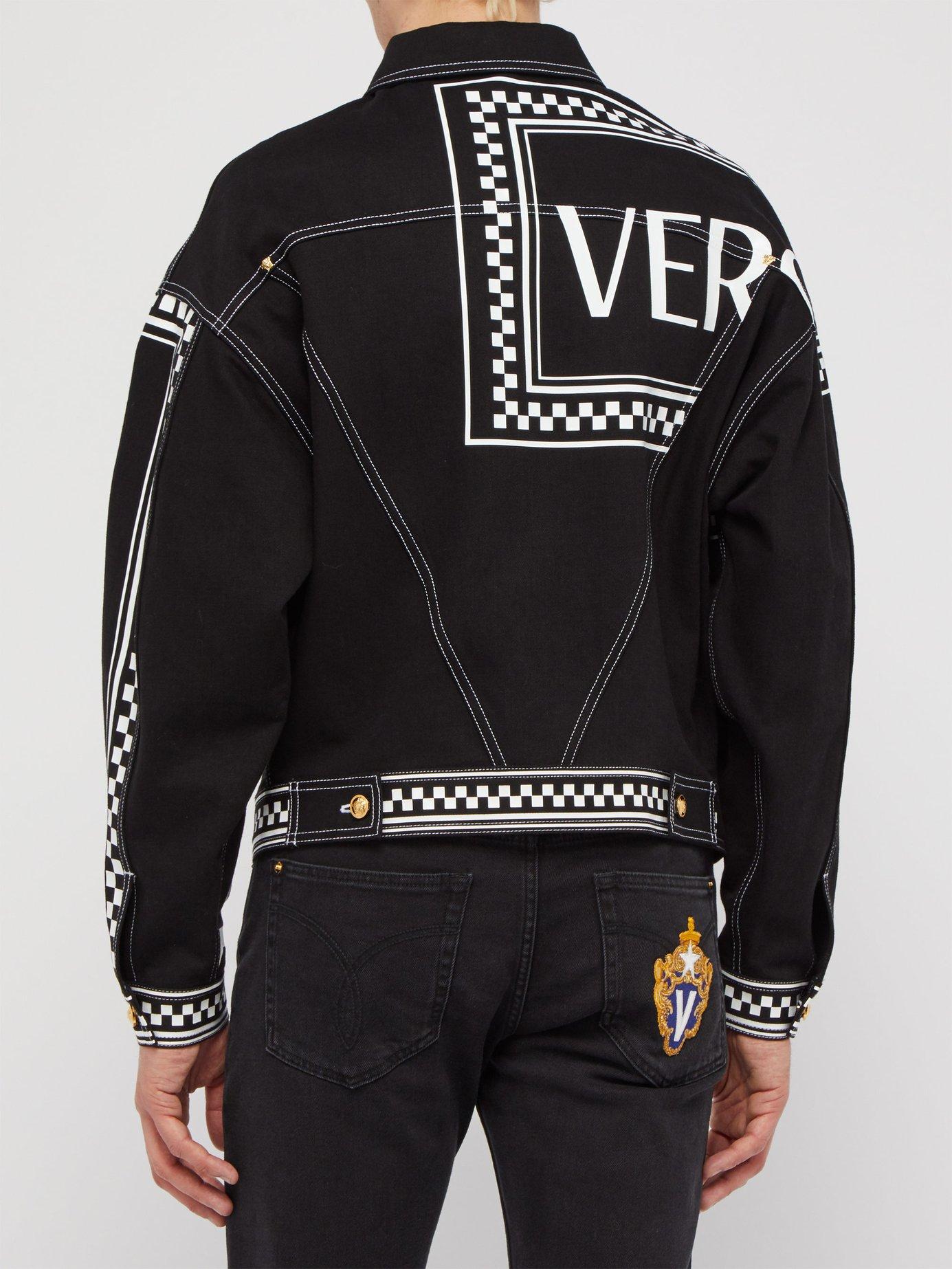 Versace Logo Check Print Denim Jacket in Black for Men | Lyst